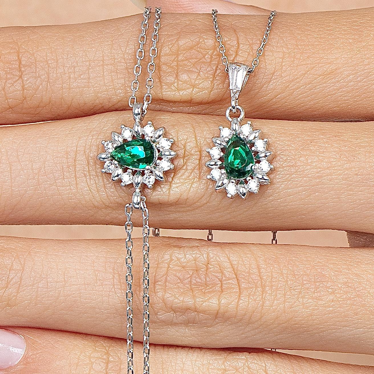 Diamond Drop Emerald Simplicity Seal Silver Jewelry Set