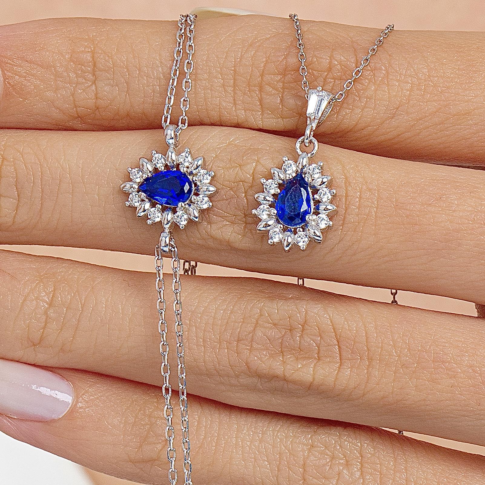 Diamond Drop Sapphire Simplicity Seal Silver Jewelry Set