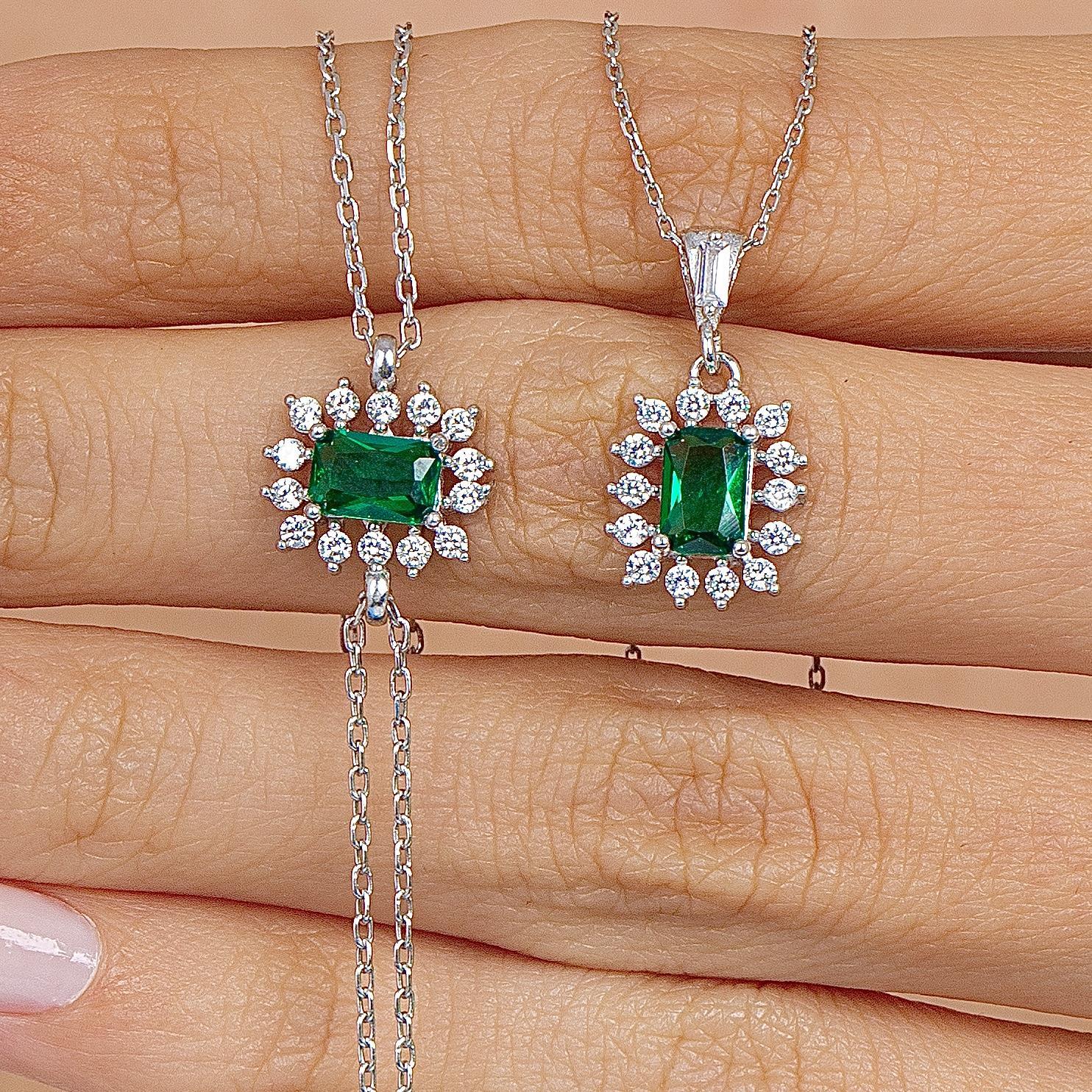 Diamond Elegance Sun Emerald Simplicity Seal Silver Jewelry Set