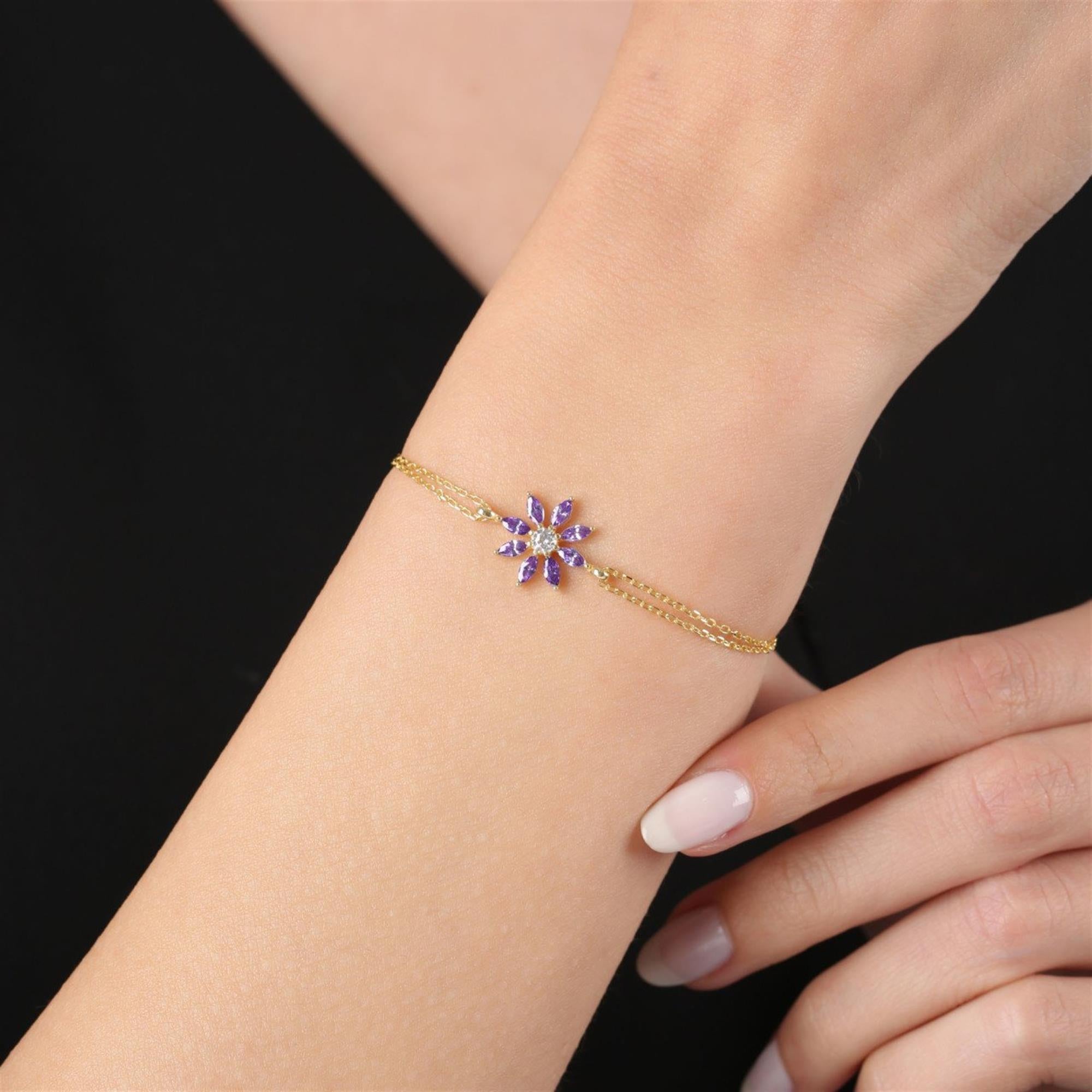 Dainty gold tone bracelet with amethyst purple marquise CZ flower charm – minimalist floral jewelry gift for her, perfect for bridesmaids or spring outfits