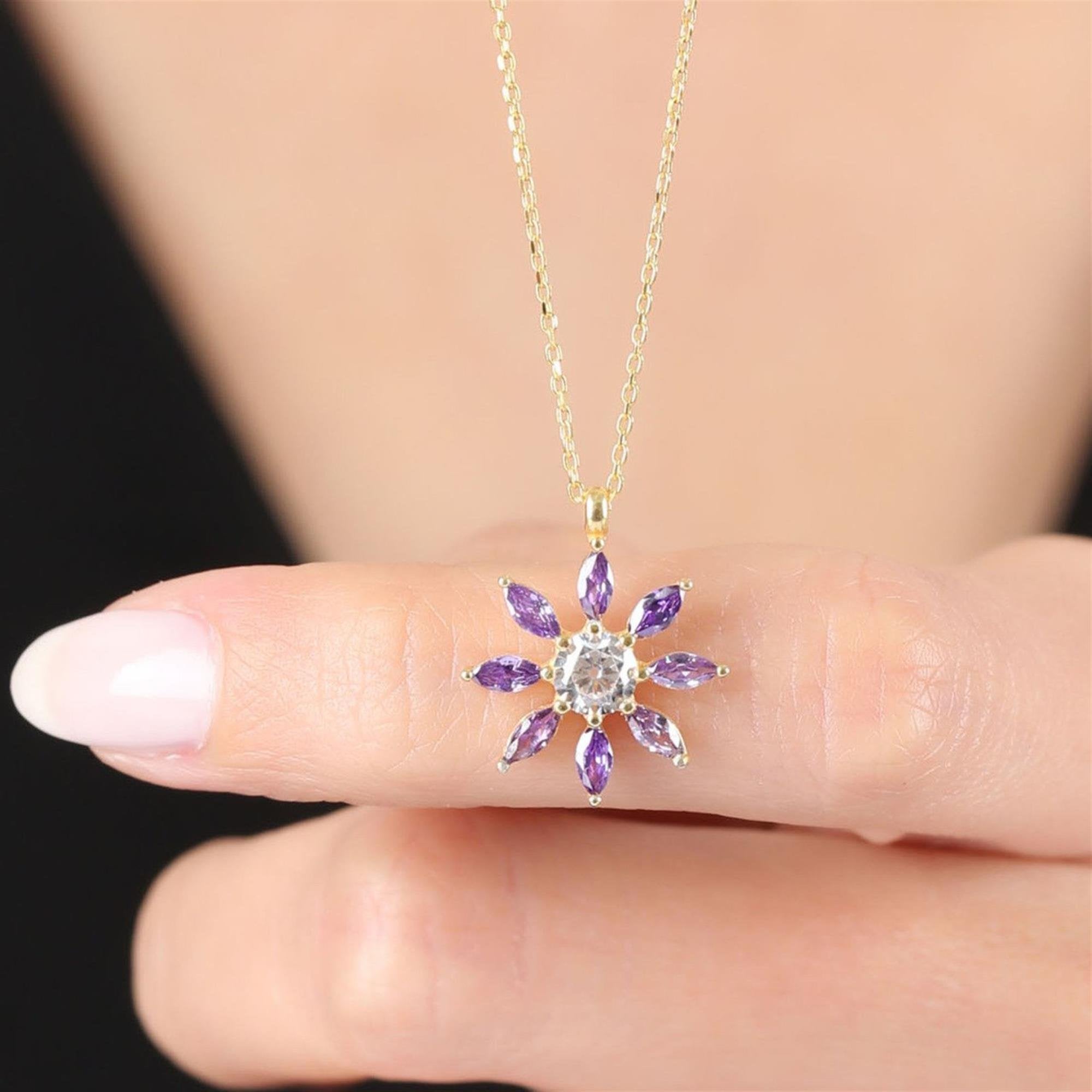 Gold-tone sun pendant necklace with marquise purple CZ stones – vibrant amethyst jewelry for women