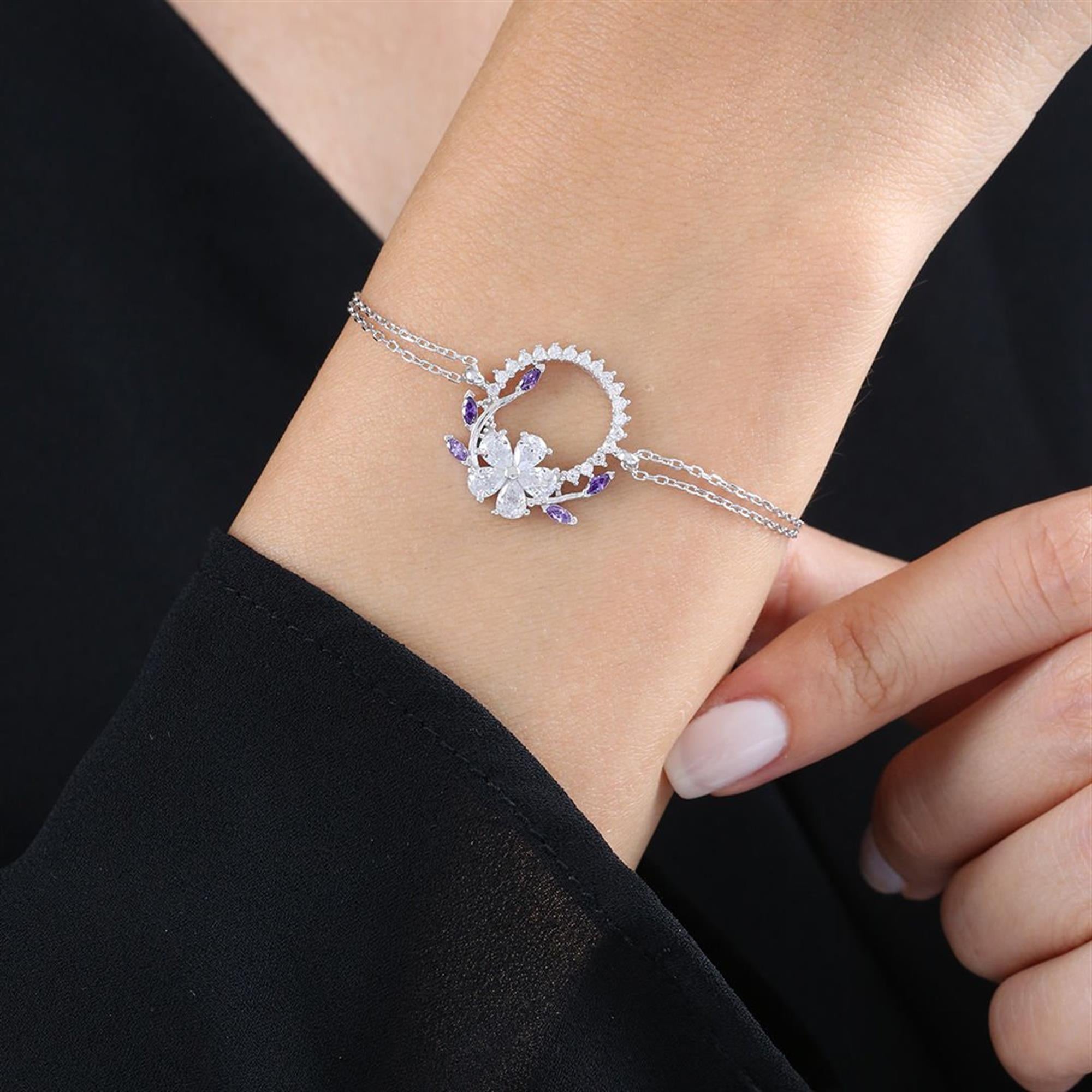 Diamond Setting Amethyst Crown Flowers Silver Bracelet