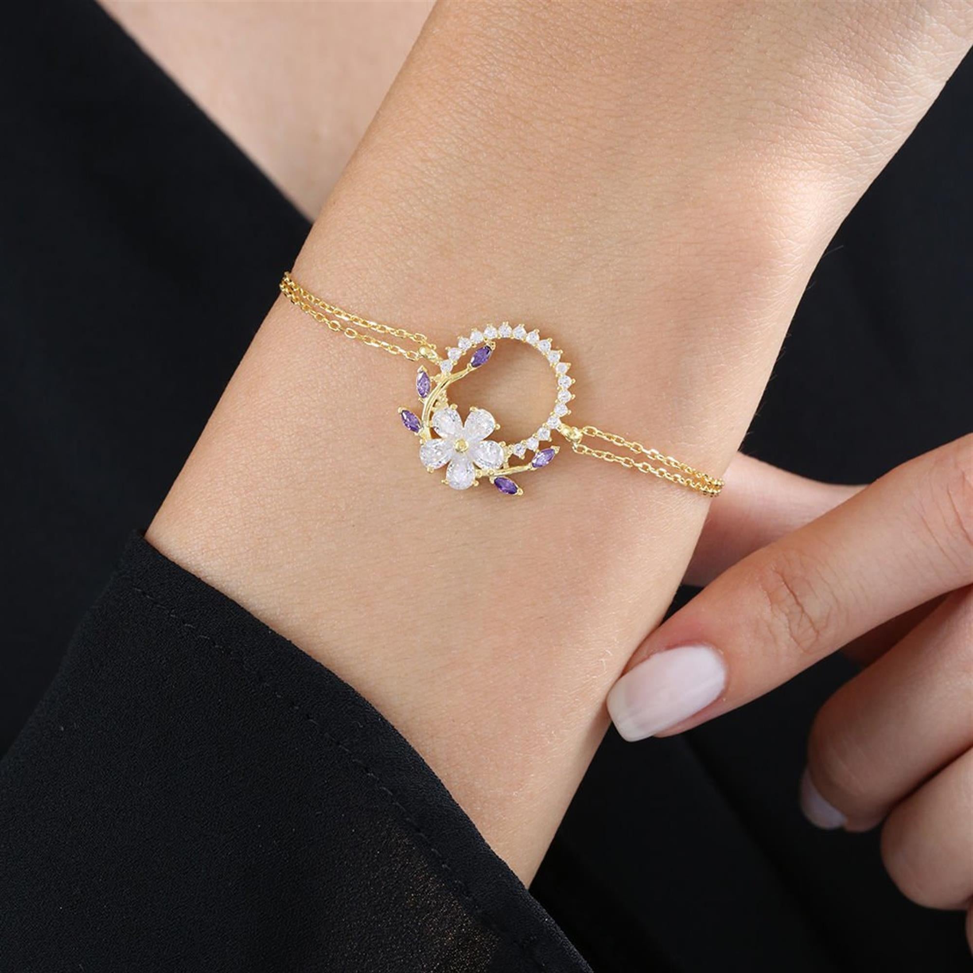 Diamond Setting Amethyst Crown Flowers Gold Plated Bracelet