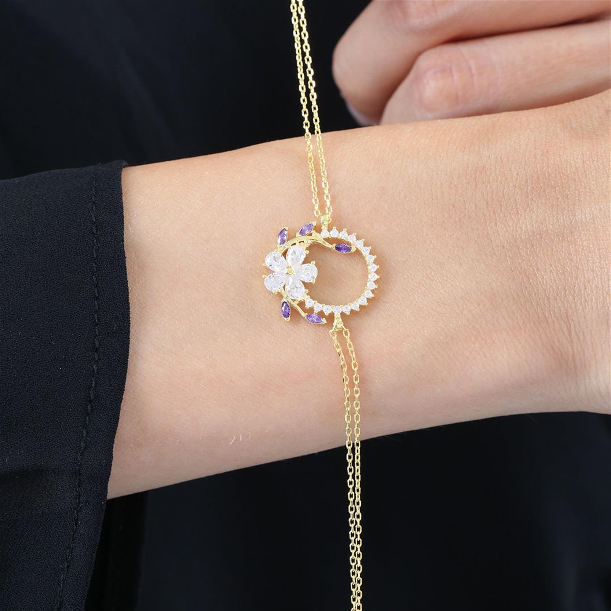 Diamond Setting Amethyst Crown Flowers Gold Plated Bracelet