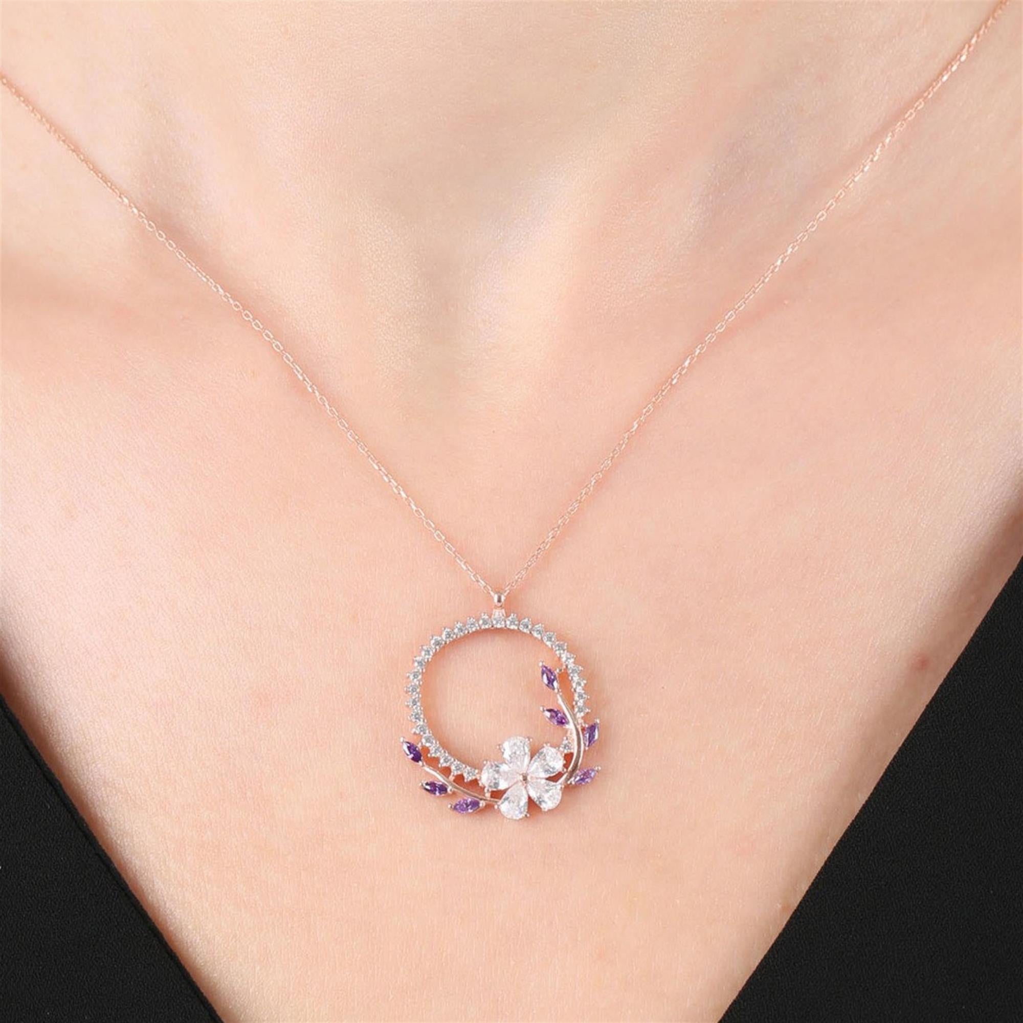 Diamond Setting Amethyst Crown Rose Gold Flower Necklace