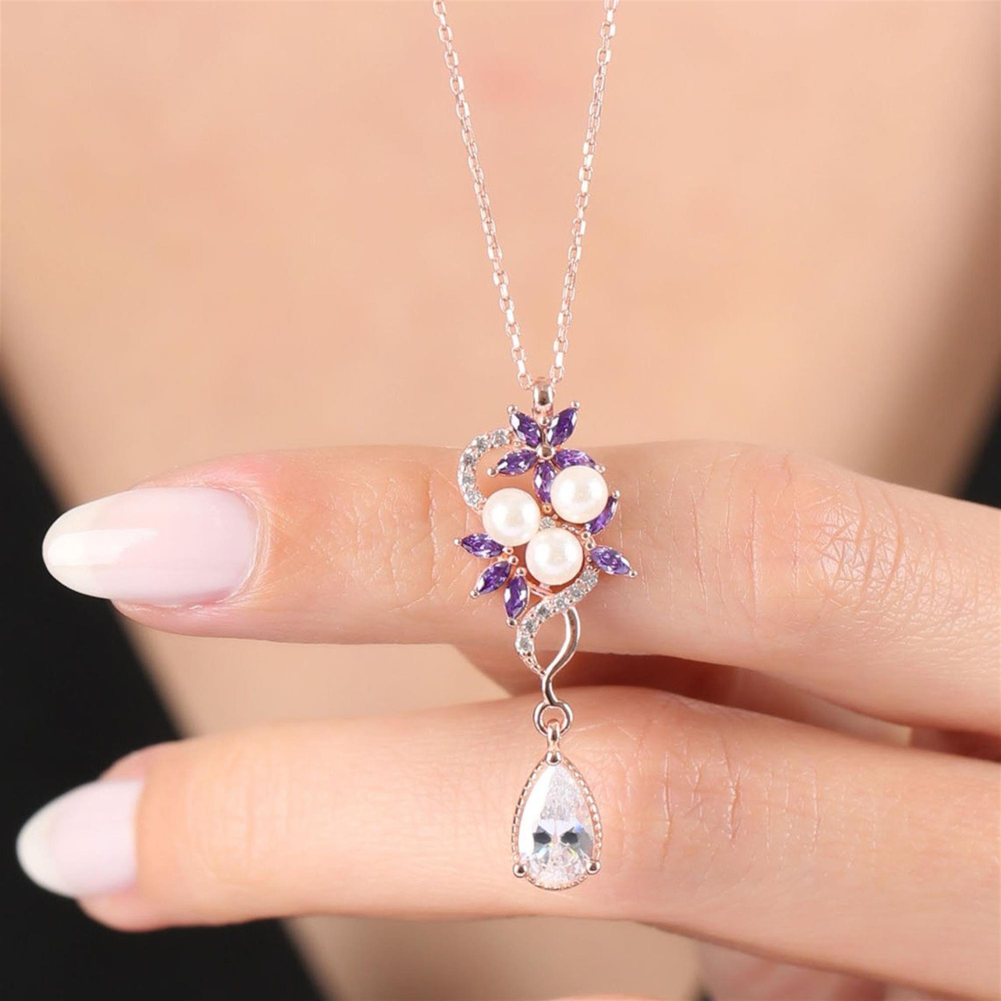 Diamond Amethyst Pearls Floral Rose Gold Necklace