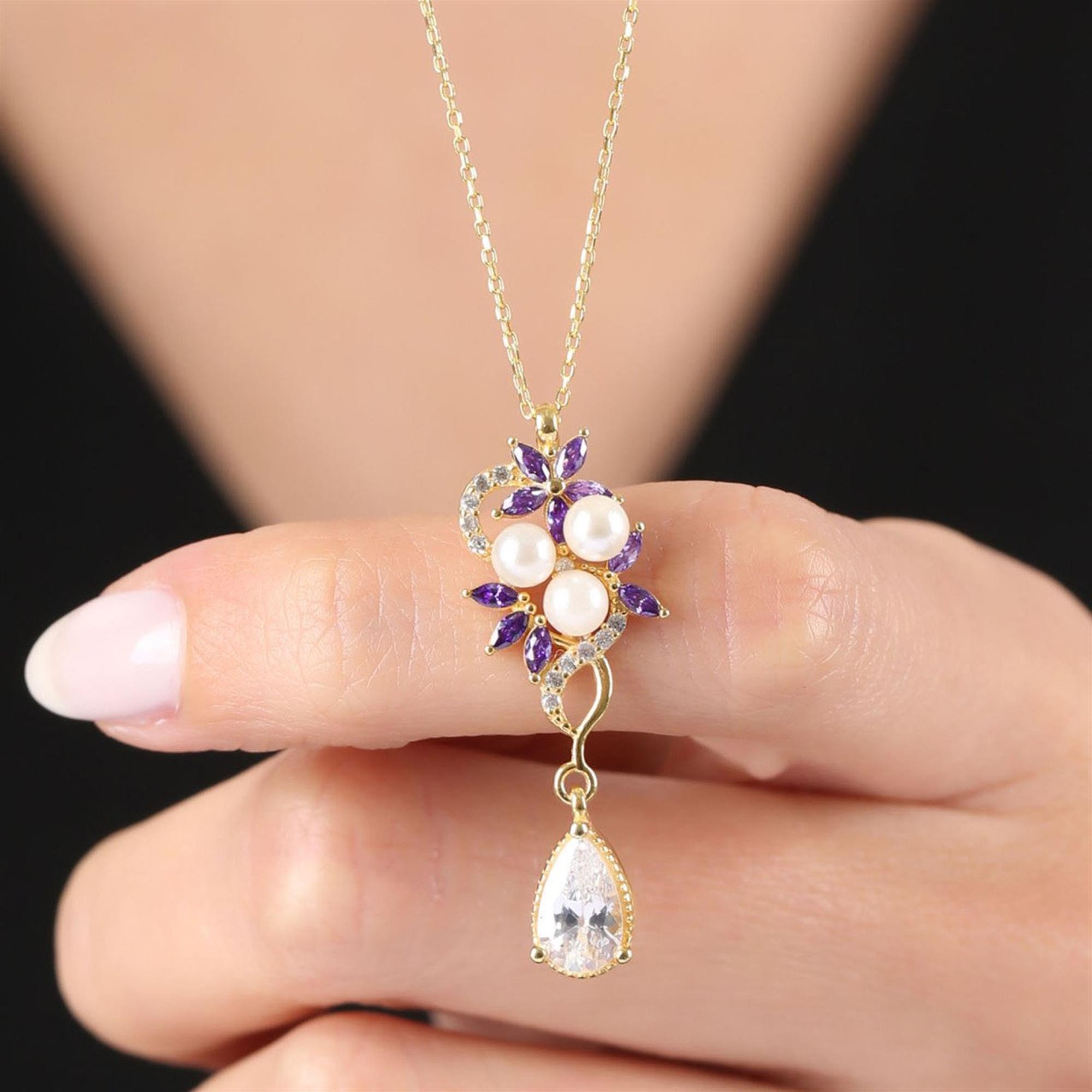 Diamond Amethyst Pearls Floral Gold Necklace