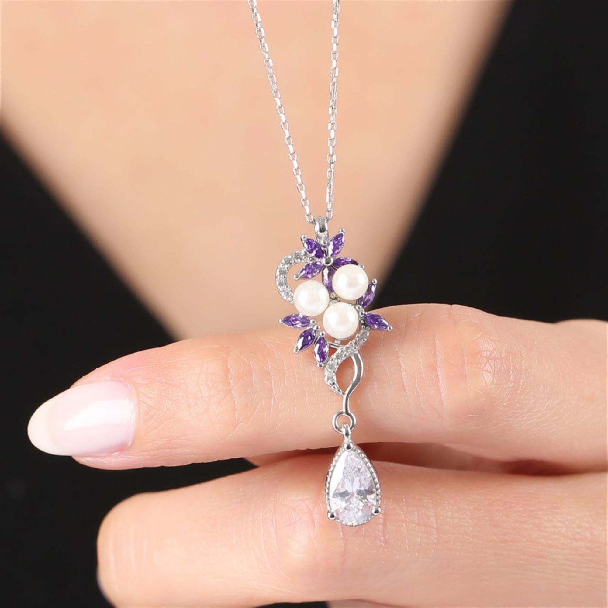Diamond Amethyst Pearls Floral Sterling Silver Necklace