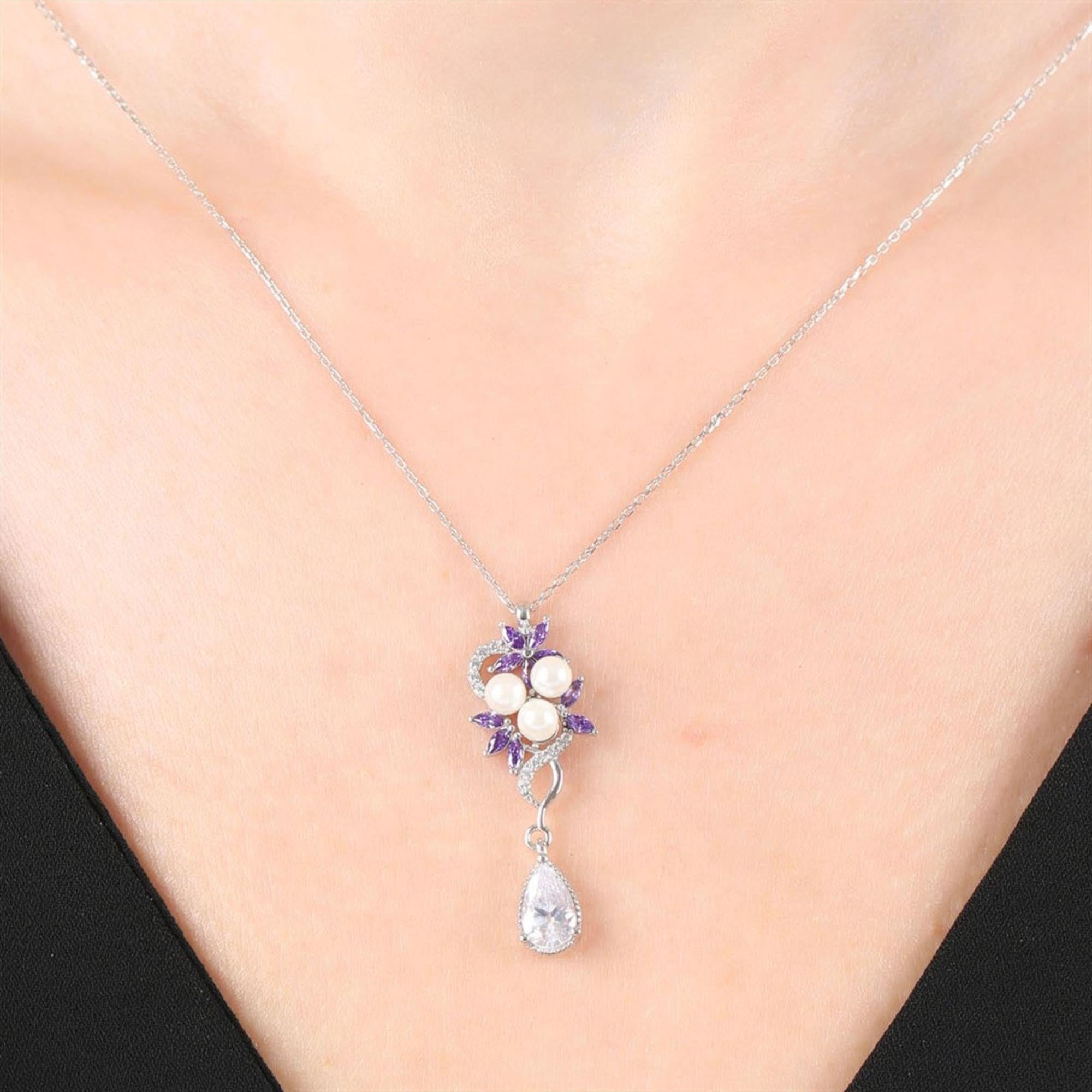 Diamond Amethyst Pearls Floral Sterling Silver Necklace