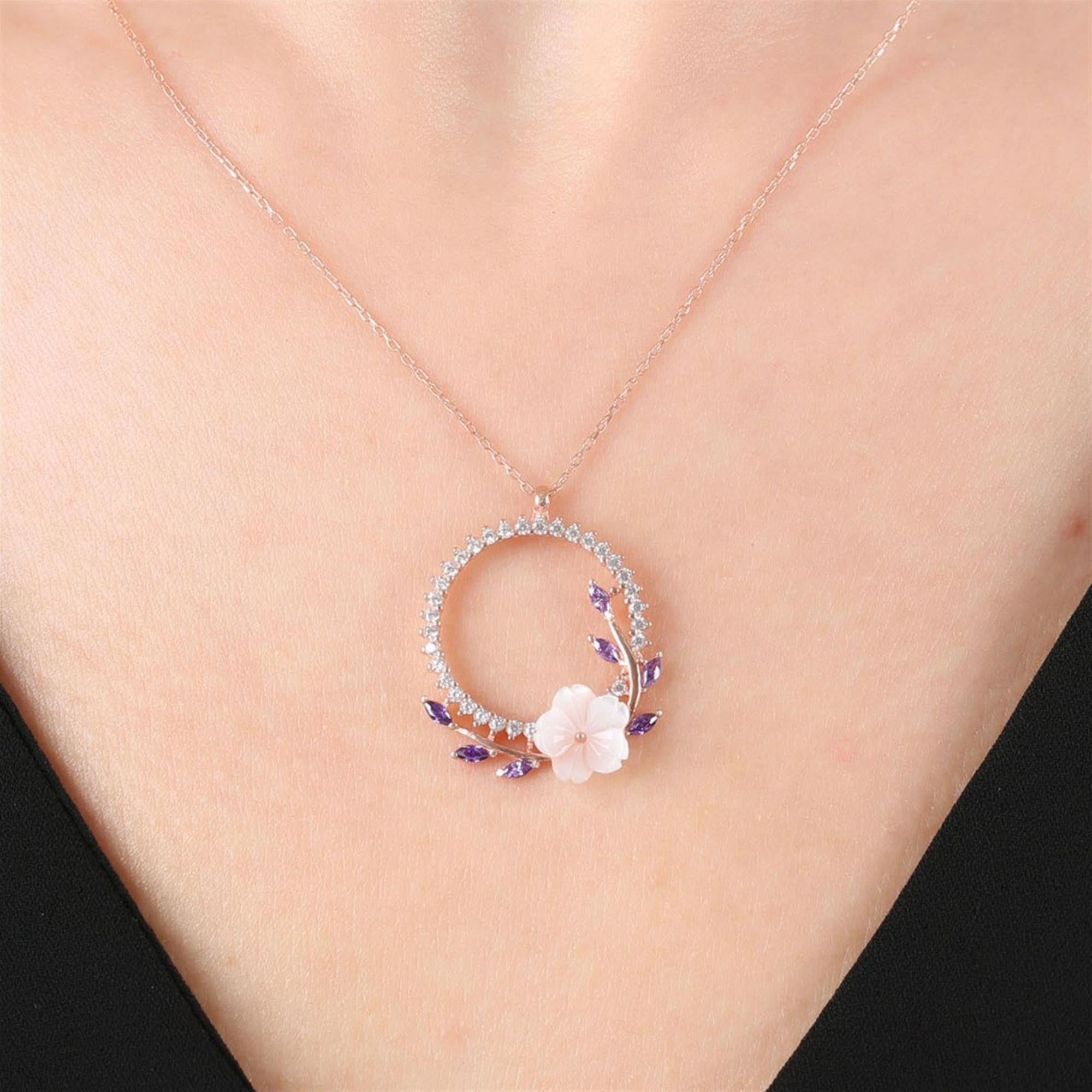 Amethyst Stone Magnolia Flower Crown Silver Necklace
