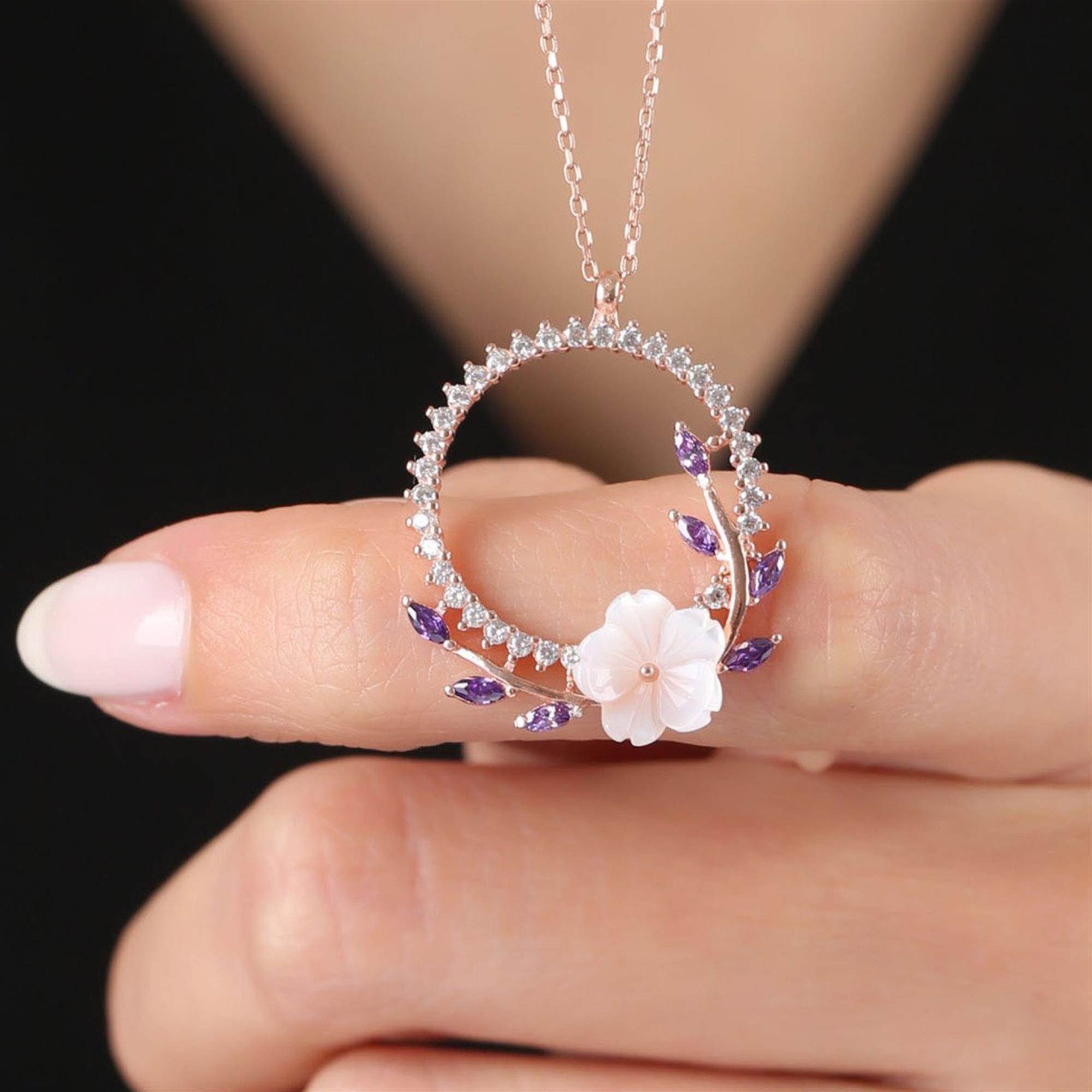 Amethyst Stone Magnolia Flower Crown Silver Necklace