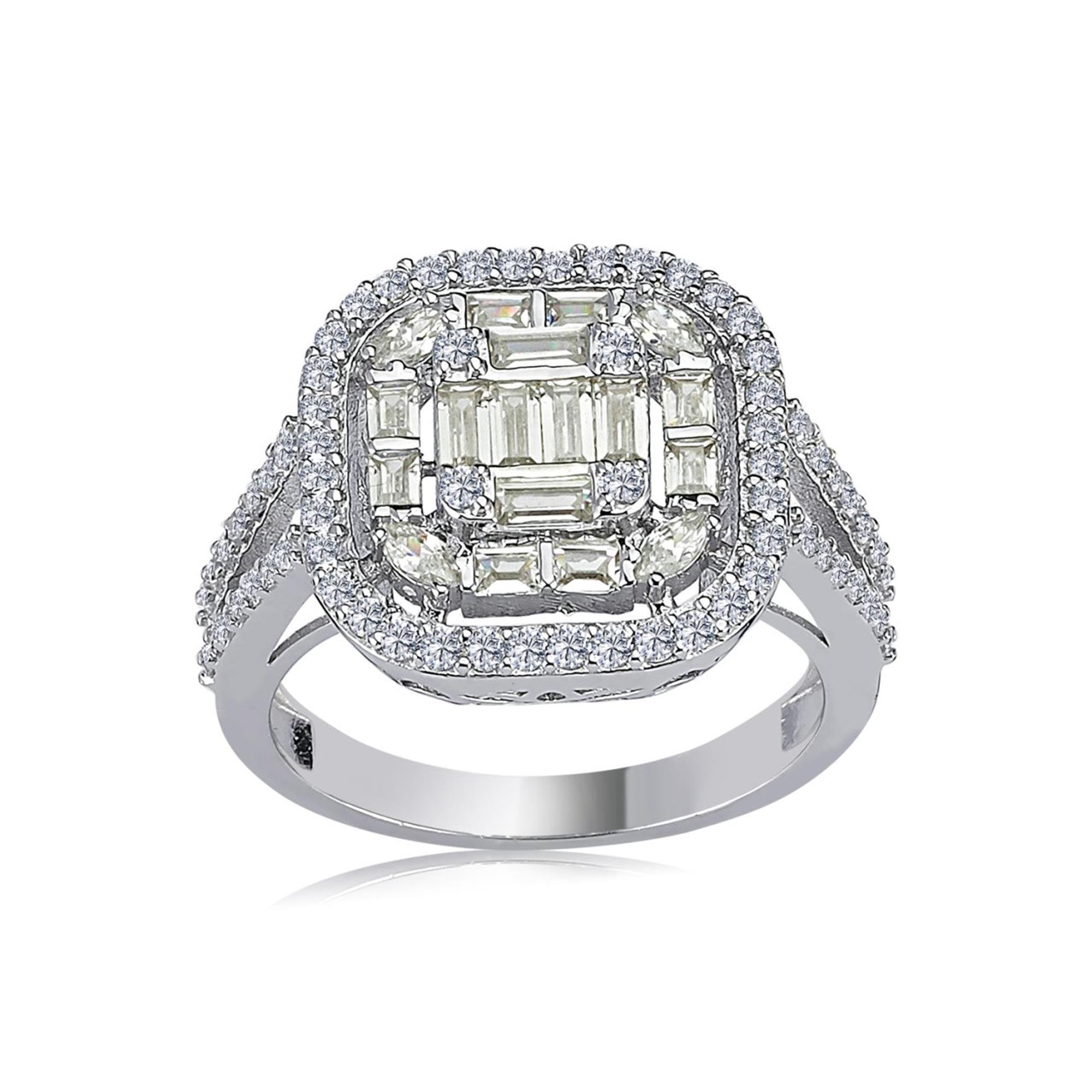 Classic sterling silver ring with layered baguette and round zircon stones, evoking timeless elegance and vintage luxury.