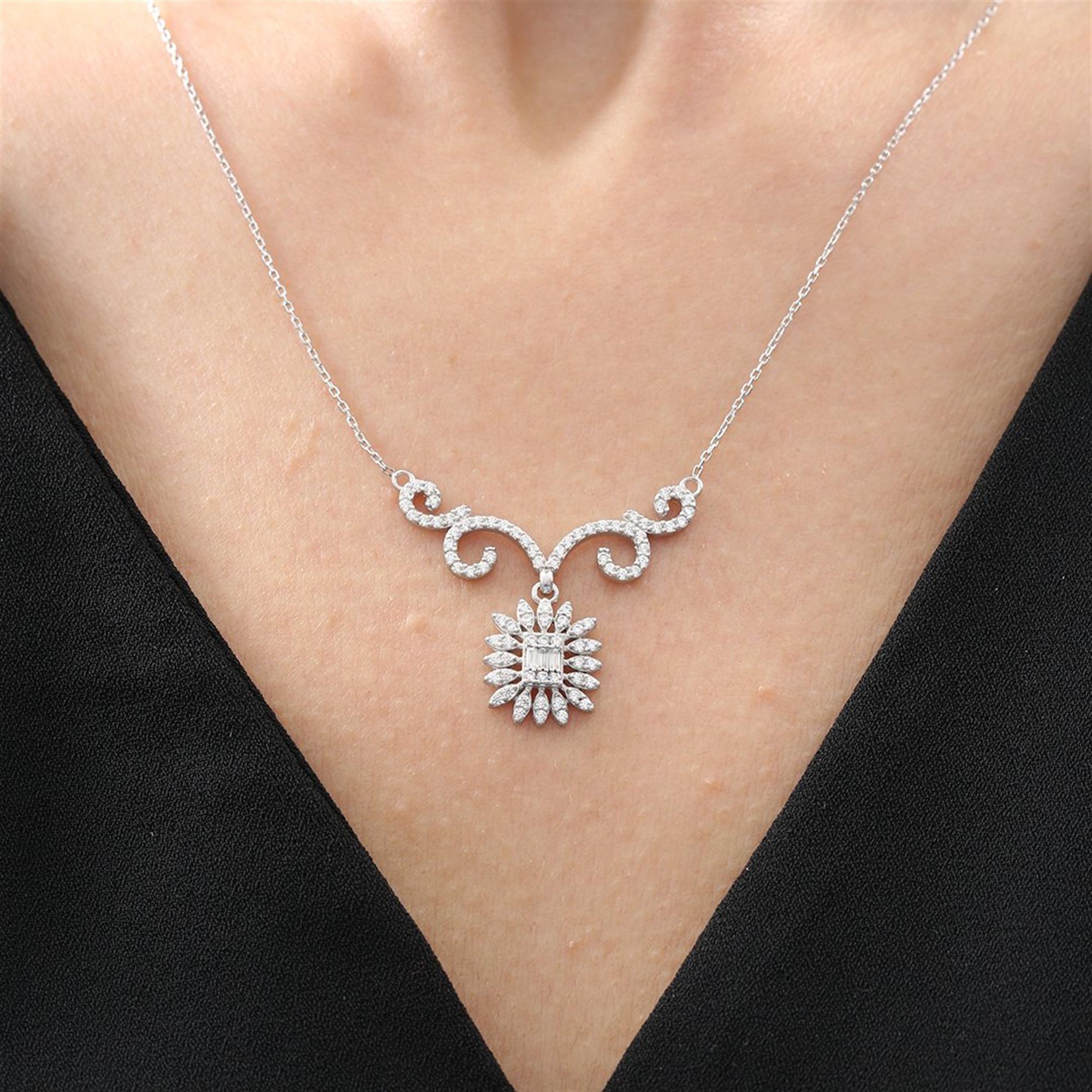 Diamond Setting Baguette Sun Seal of Nobility Silver Necklace