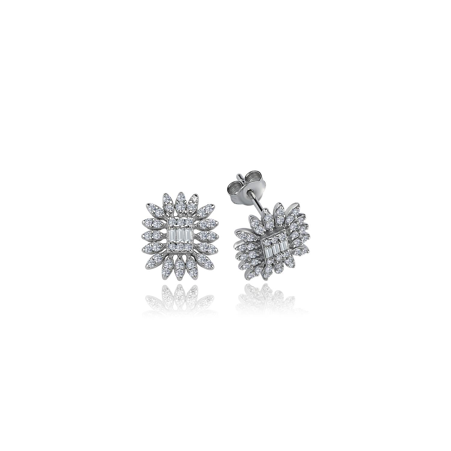 Diamond Setting Baguette Sun Silver Earrings