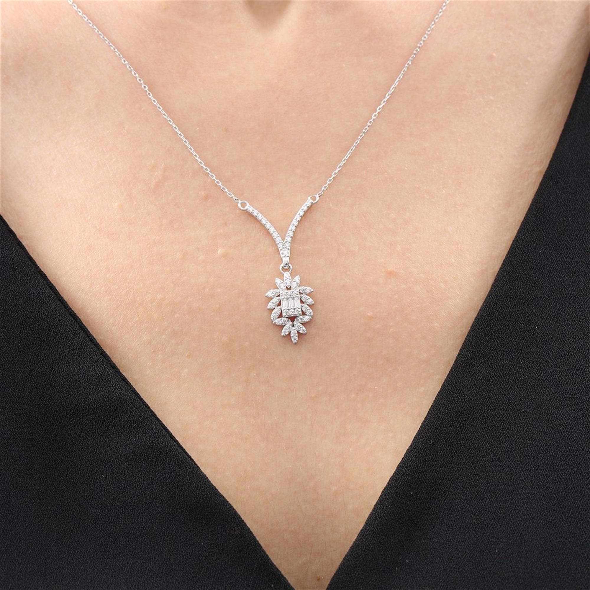 Diamond Setting Baguette Fairytale Seal of Elegance Silver Necklace