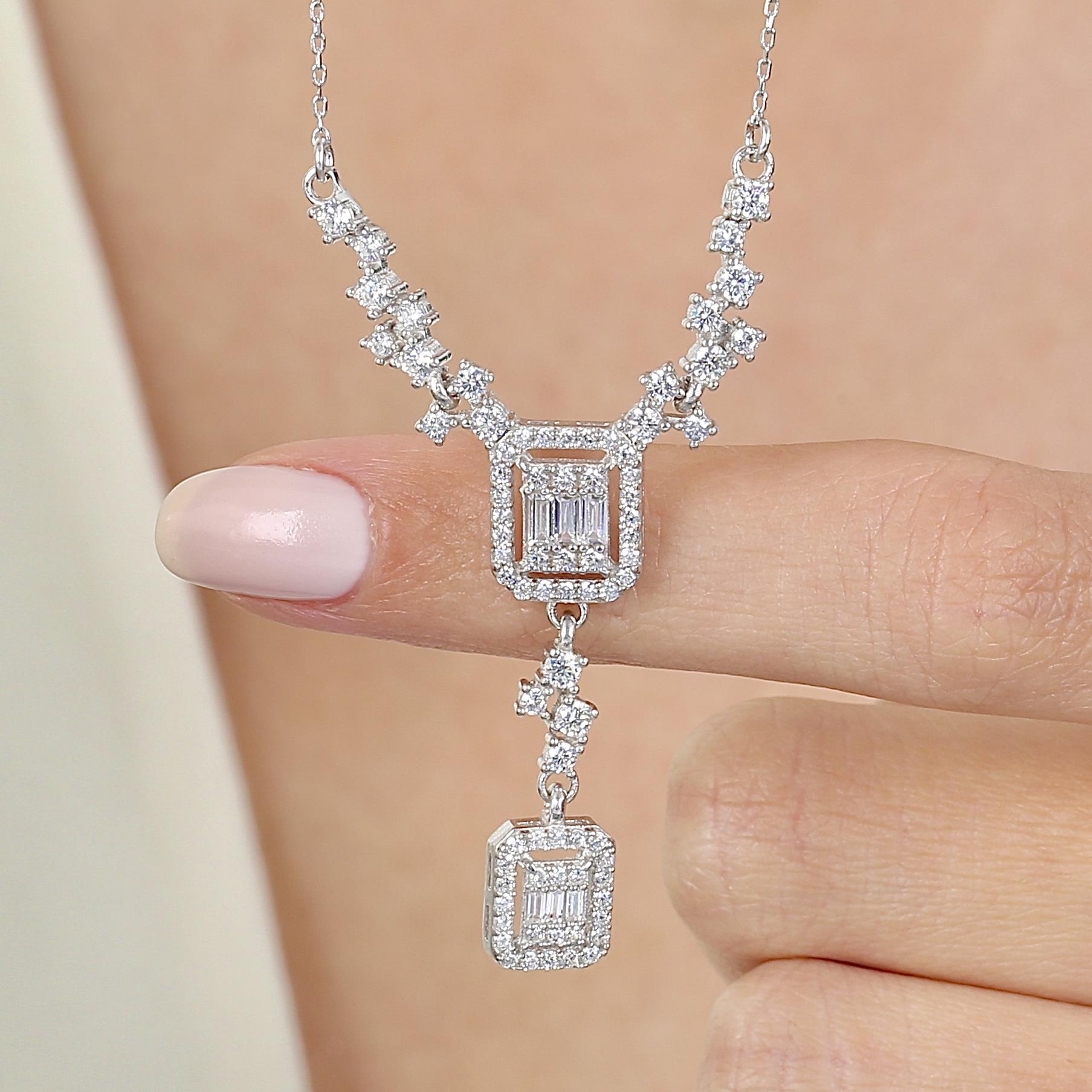 Diamond Setting Baguette Silver Necklace