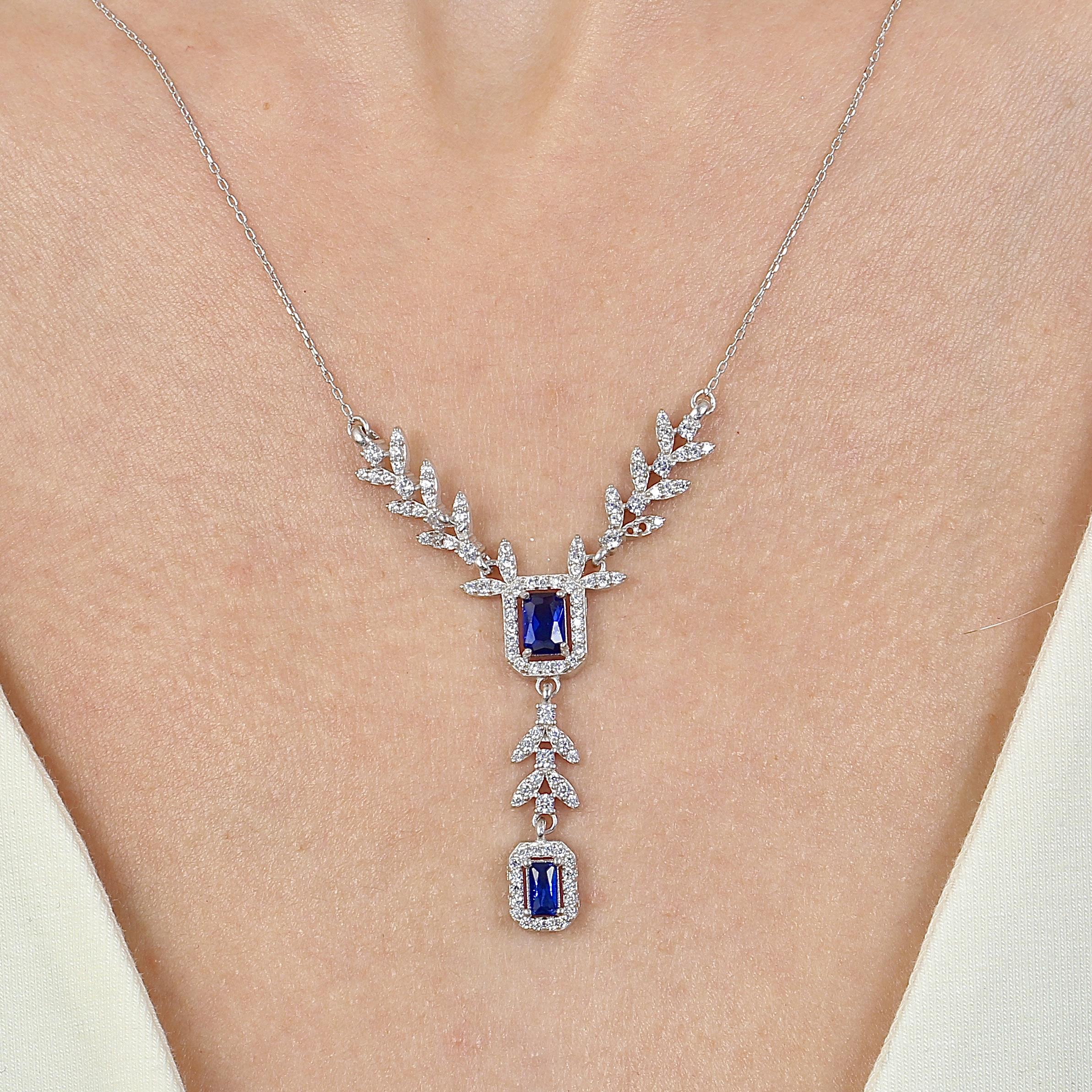Sapphire Deer Antler Silver Y Necklace