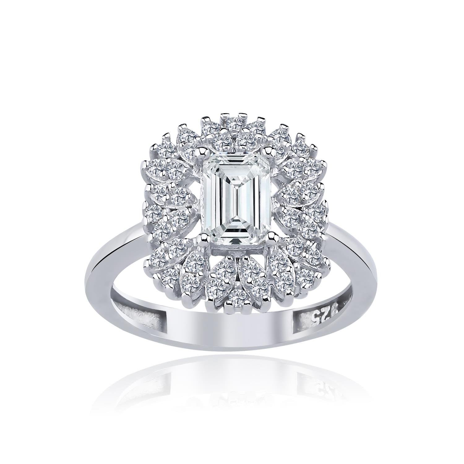 Diamond Setting Emerald Cut Silver Ring