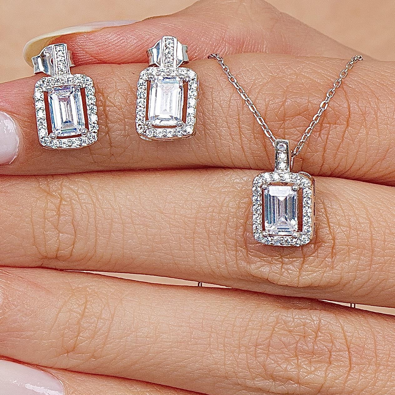Diamond Setting Baguette Silver Duo Set