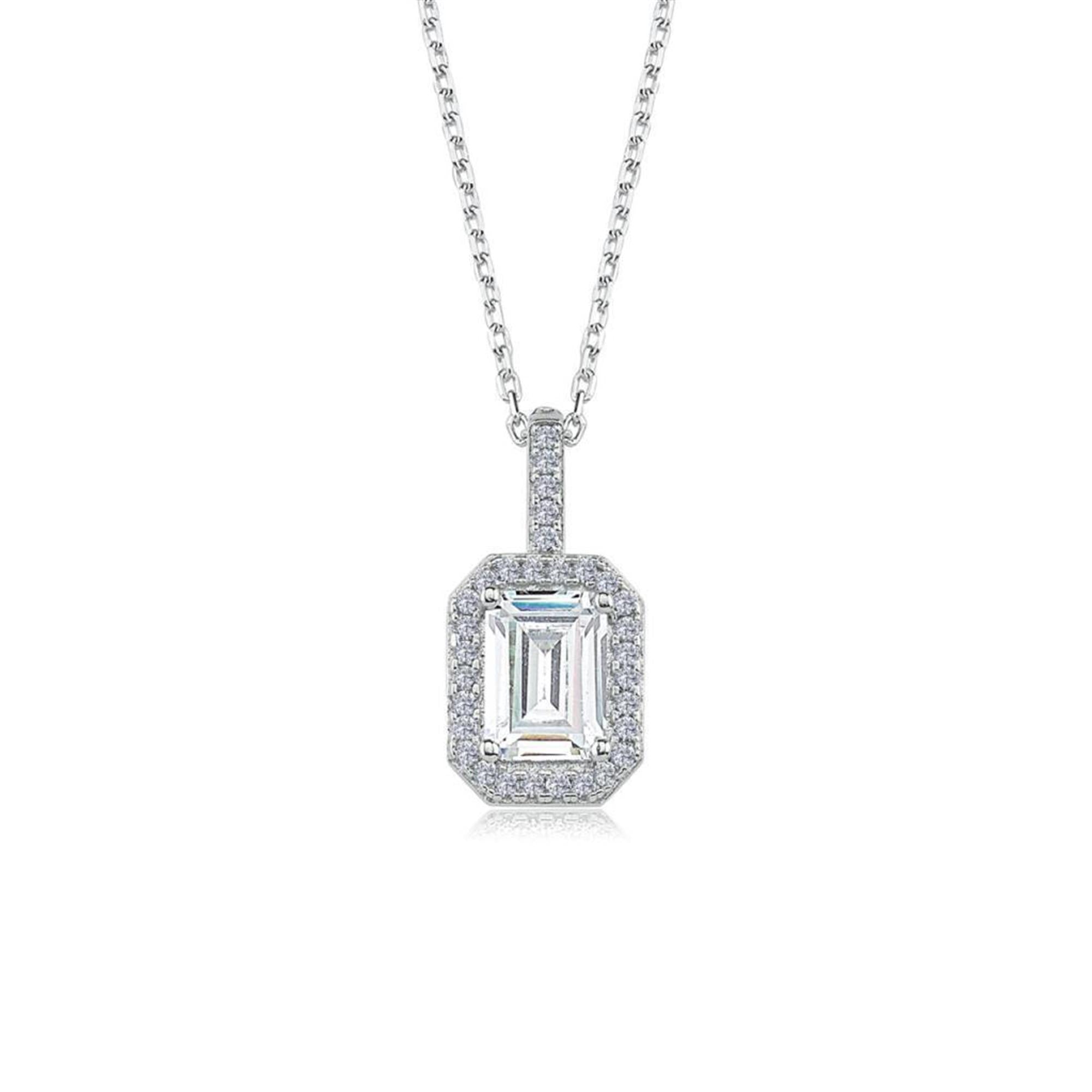 Diamond Setting Emerald Cut Solitaire Silver Necklace