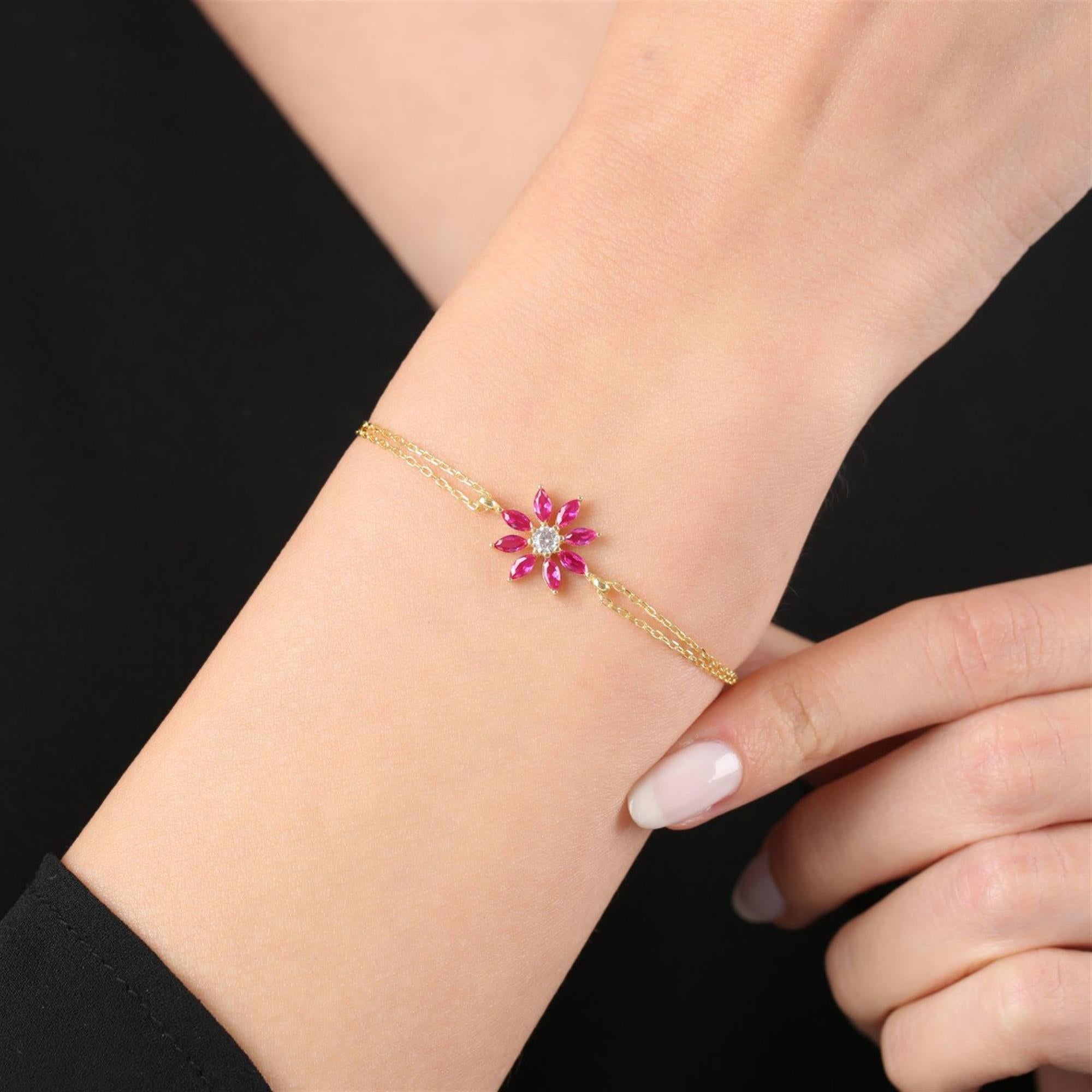 gold bracelet with fuchsia marquise CZ flower charm – vibrant and feminine wrist jewelry for women