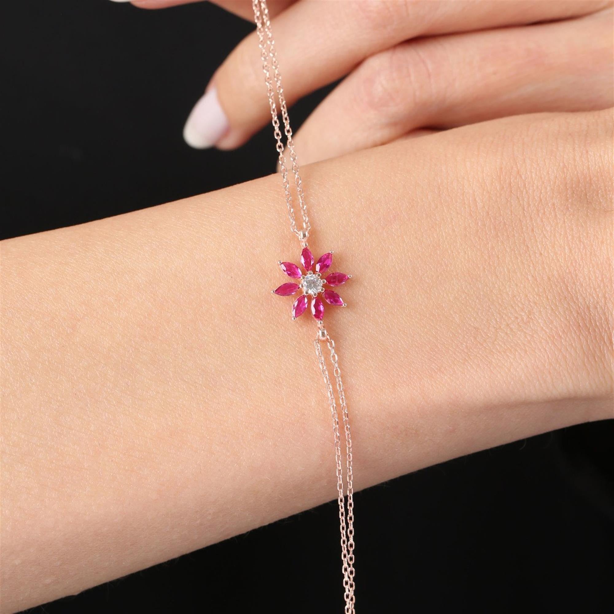 Rose gold bracelet with fuchsia marquise CZ flower charm – vibrant and feminine wrist jewelry for women