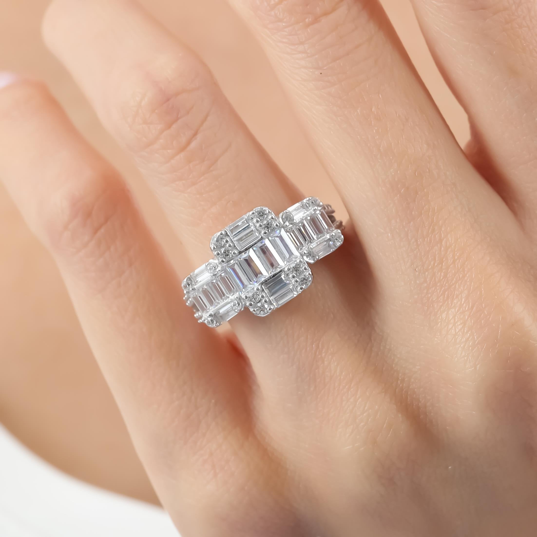 Diamond Setting Magnificent Tria Baguette Silver Ring