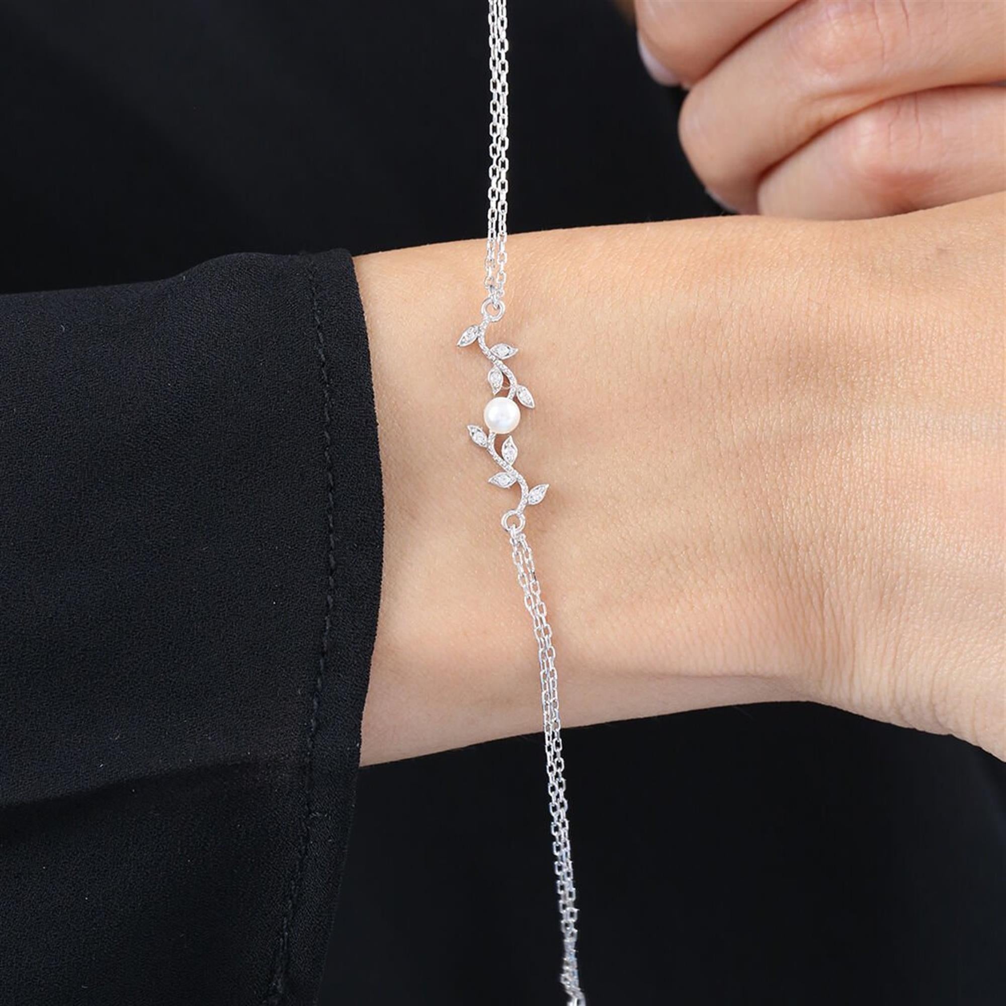 Diamond Pearl Blossom Silver Bracelet