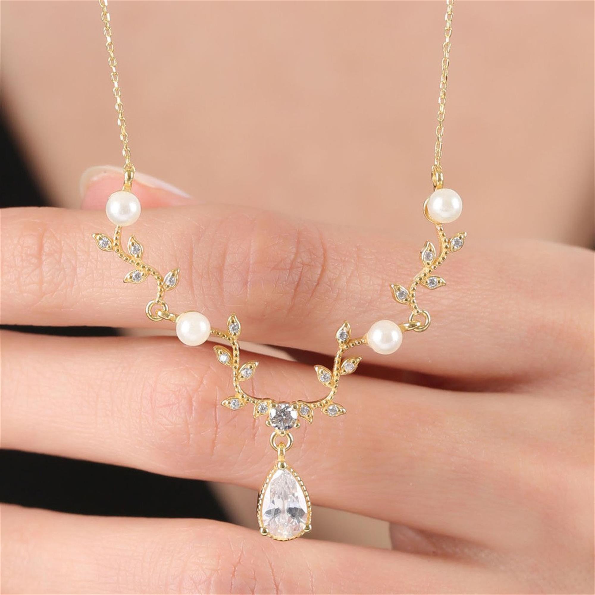 Diamond Pearl Details CZ Vine Gold Plated Necklace