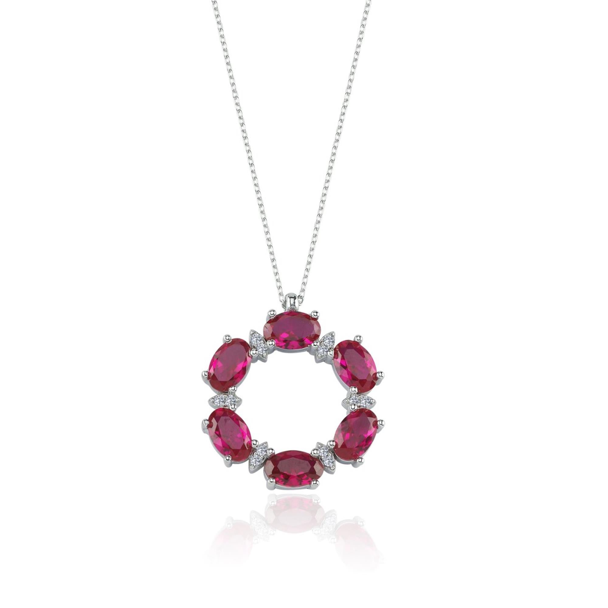 Diamond Radiant Ruby Halo Circle Necklace