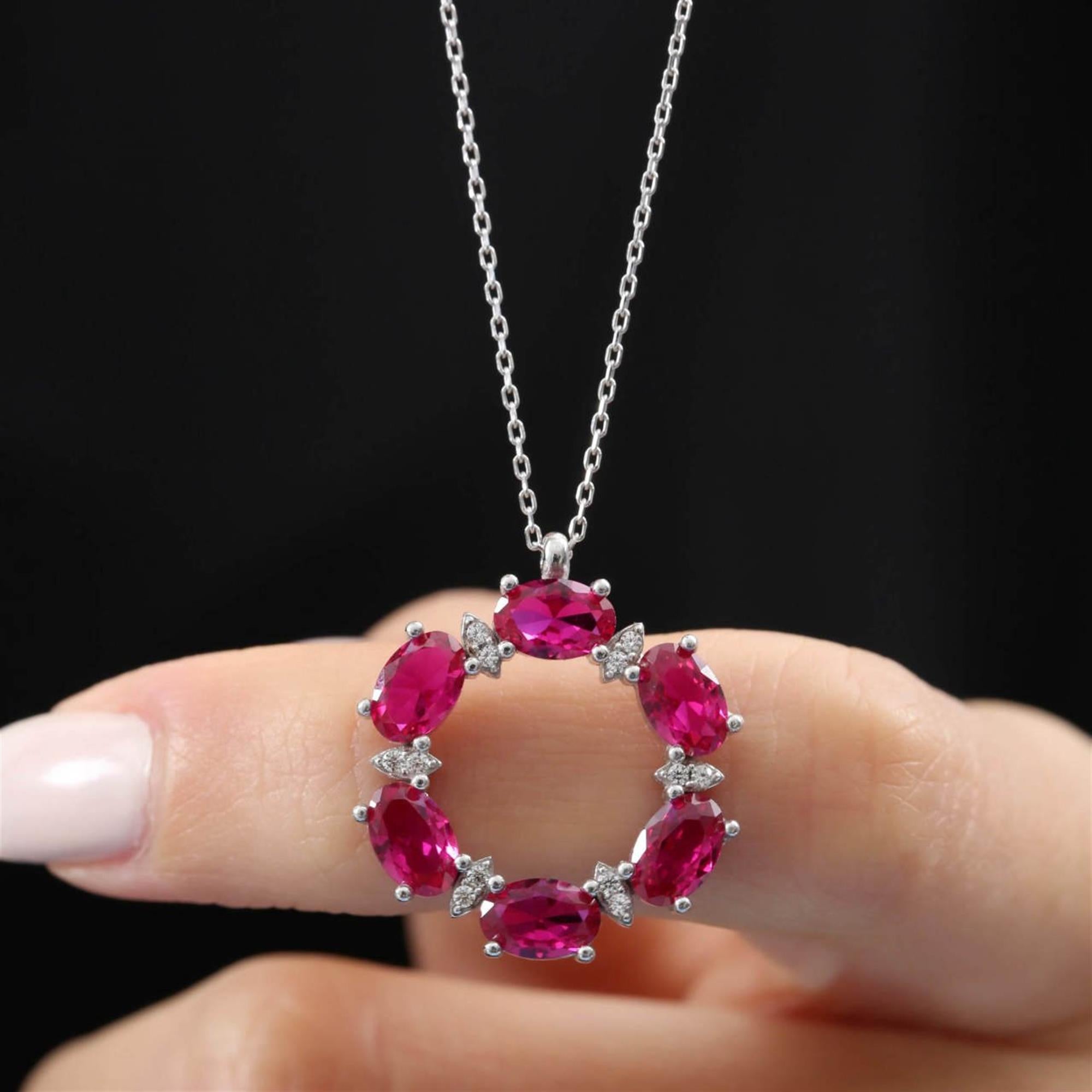 Diamond Radiant Ruby Halo Circle Necklace