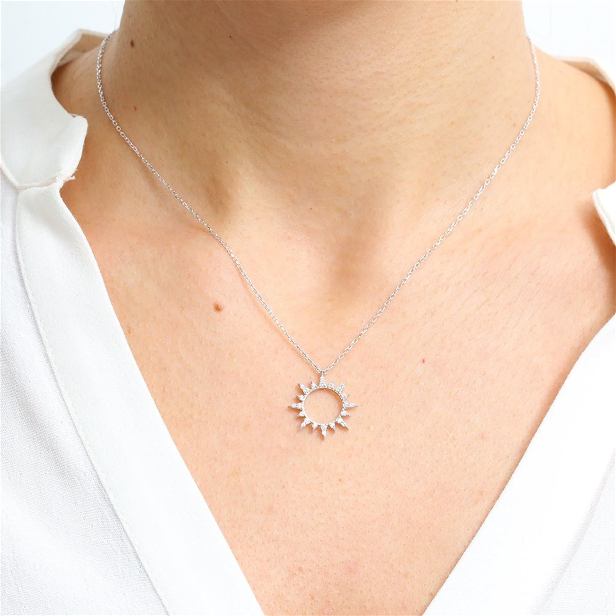 Diamond Sunburst Elegance Silver Necklace