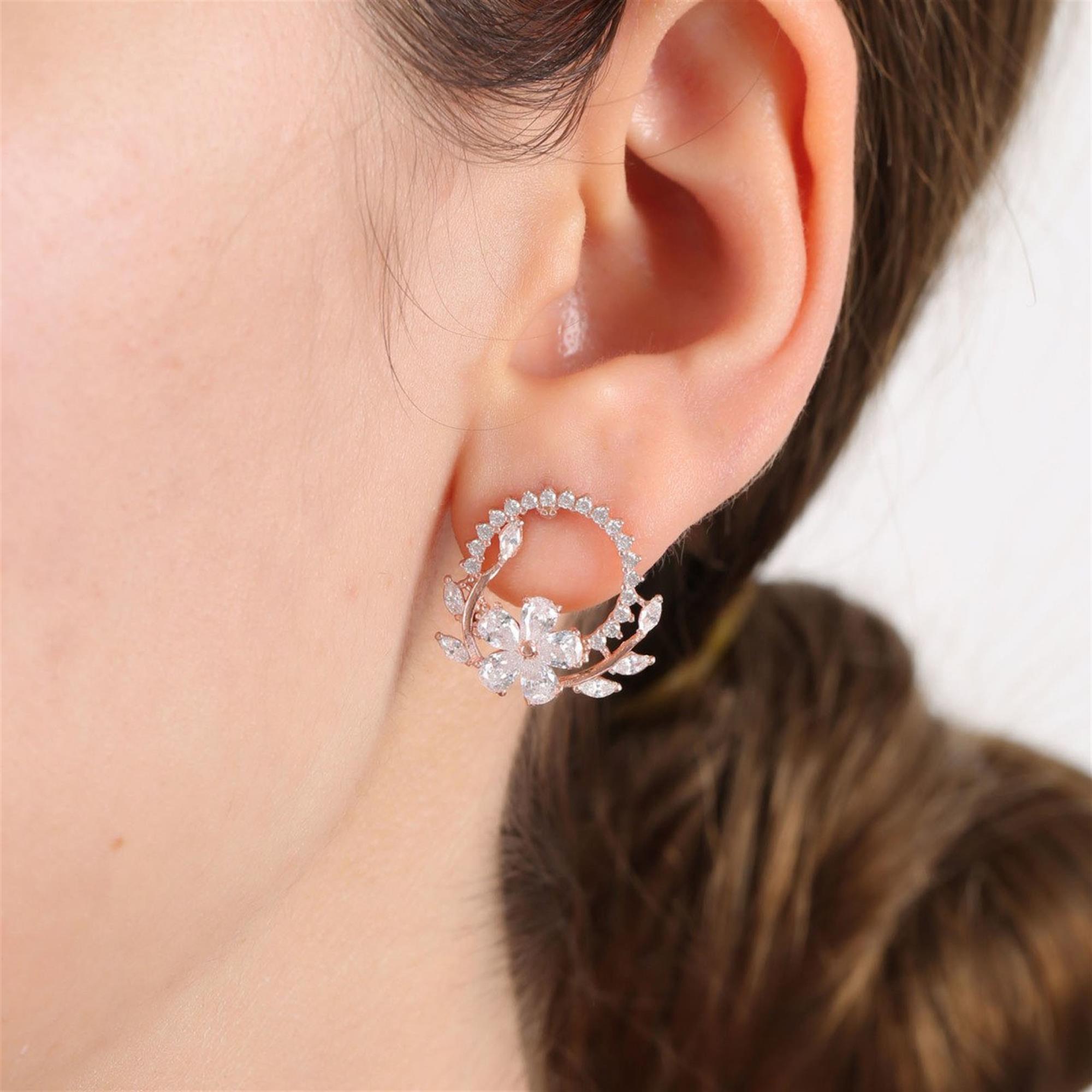 Diamond Setting Sparkle Crown Floral Rose Gold Earrings
