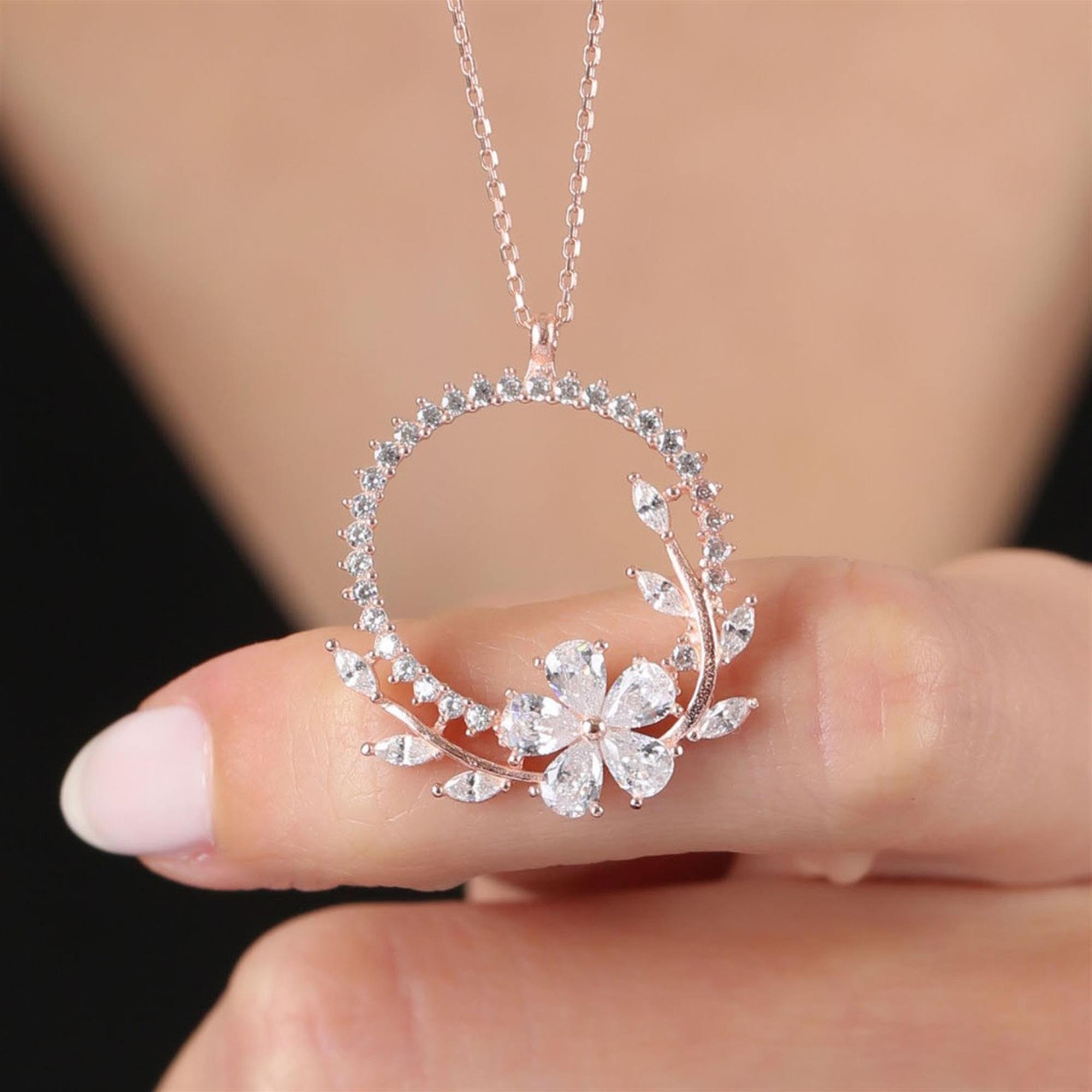 Flower Design Sparkling Rose Gold Halo Necklace