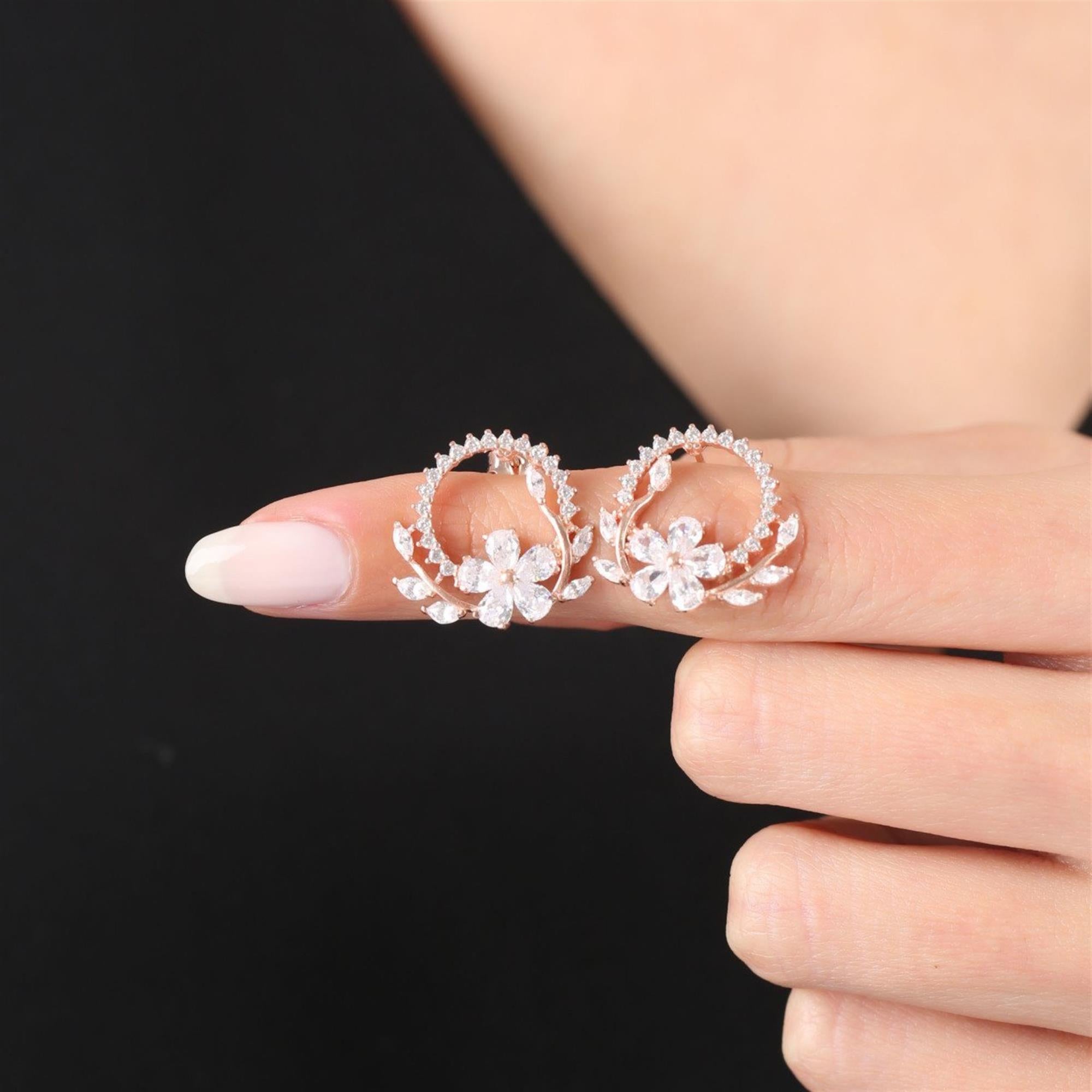 Diamond Setting Sparkle Crown Floral Rose Gold Earrings