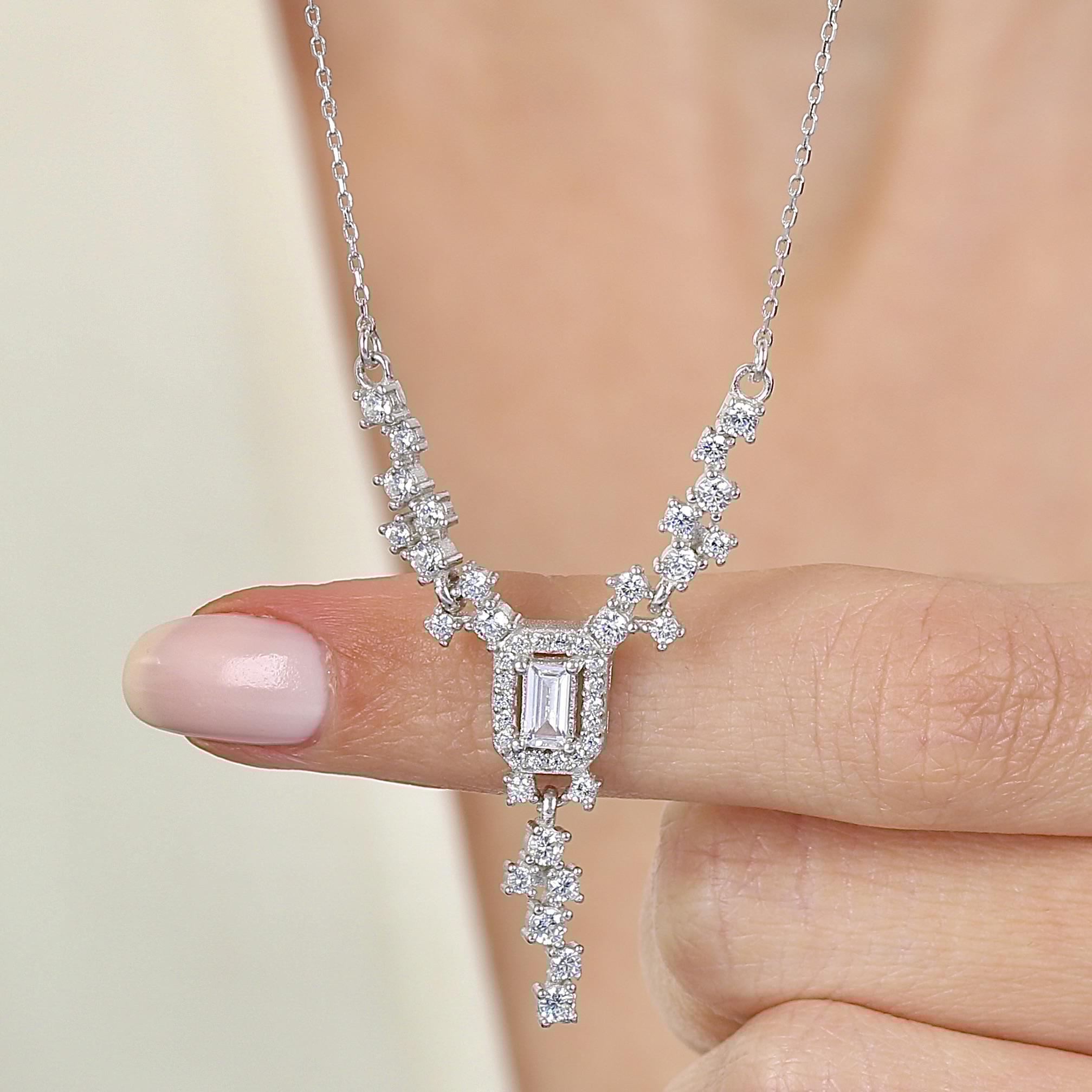 Diamond Setting Sparkling Silver Y Necklace