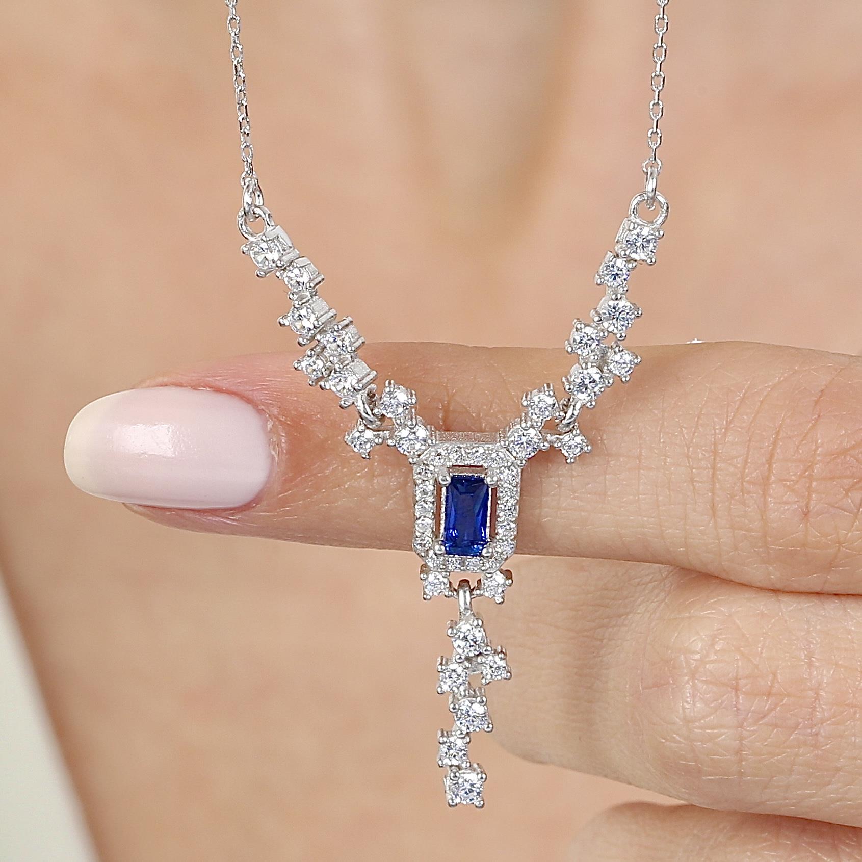 Diamond Sparkling Sapphire Silver Y Necklace
