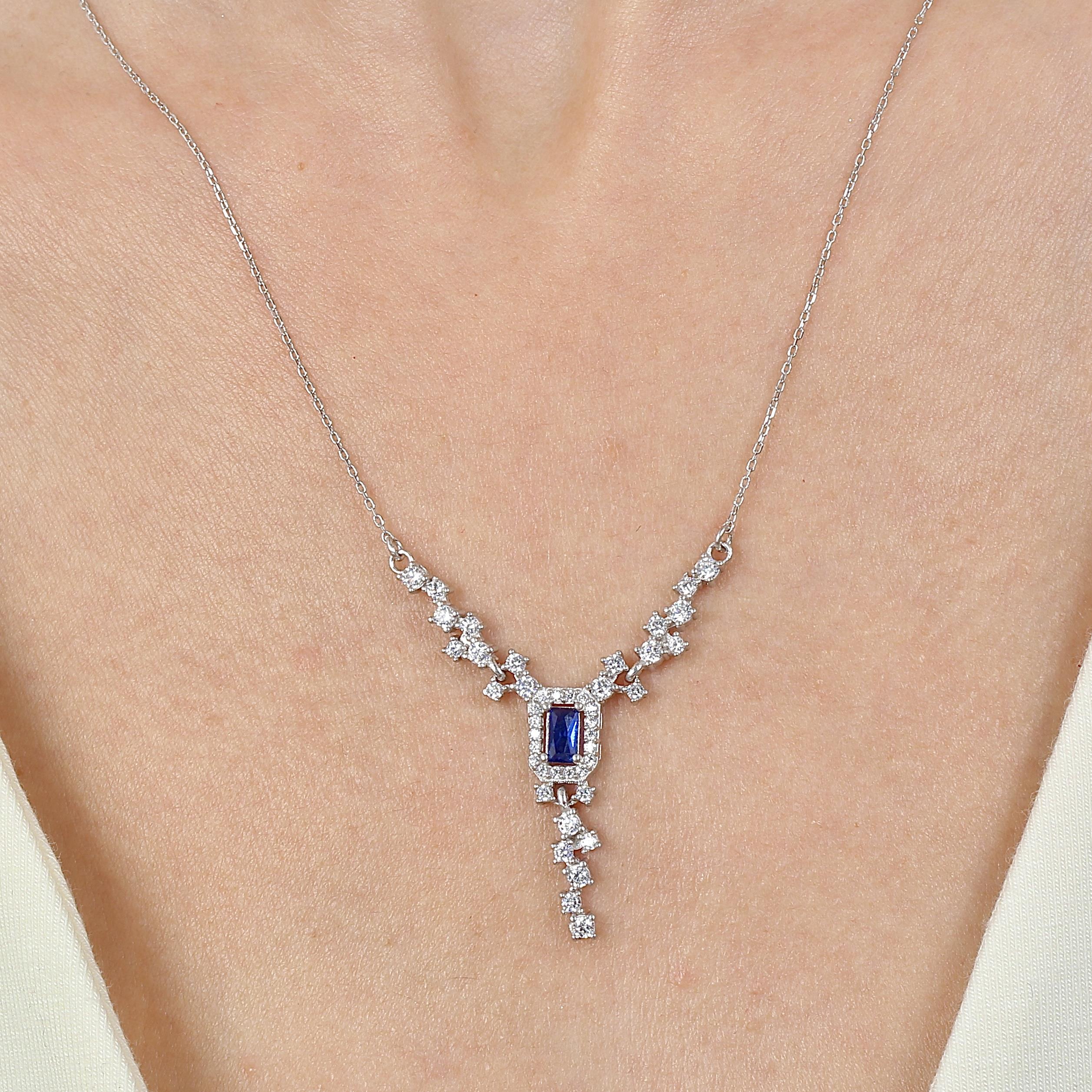 Diamond Sparkling Sapphire Silver Y Necklace