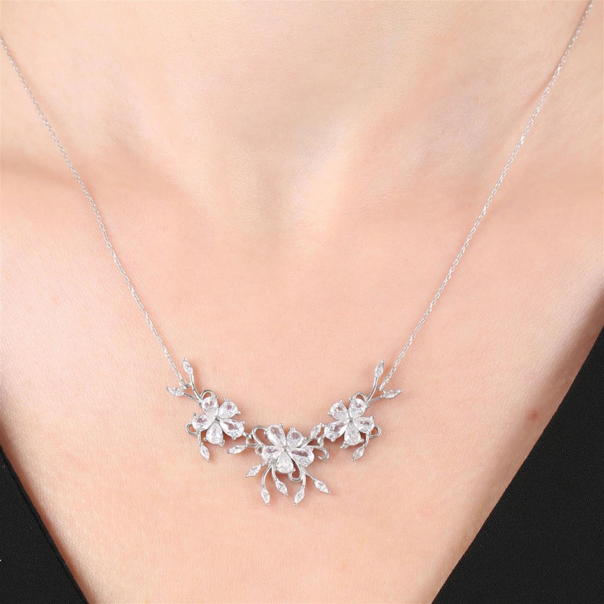 Diamond Sparkling Rose Dream Floral Silver Necklace