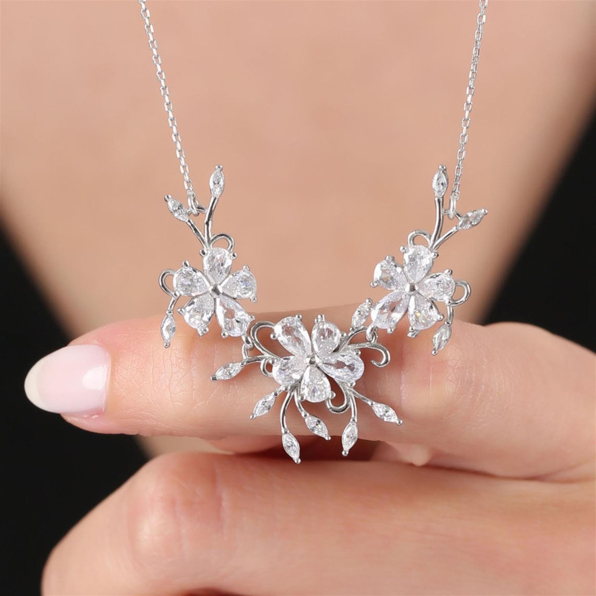 Diamond Sparkling Rose Dream Floral Silver Necklace