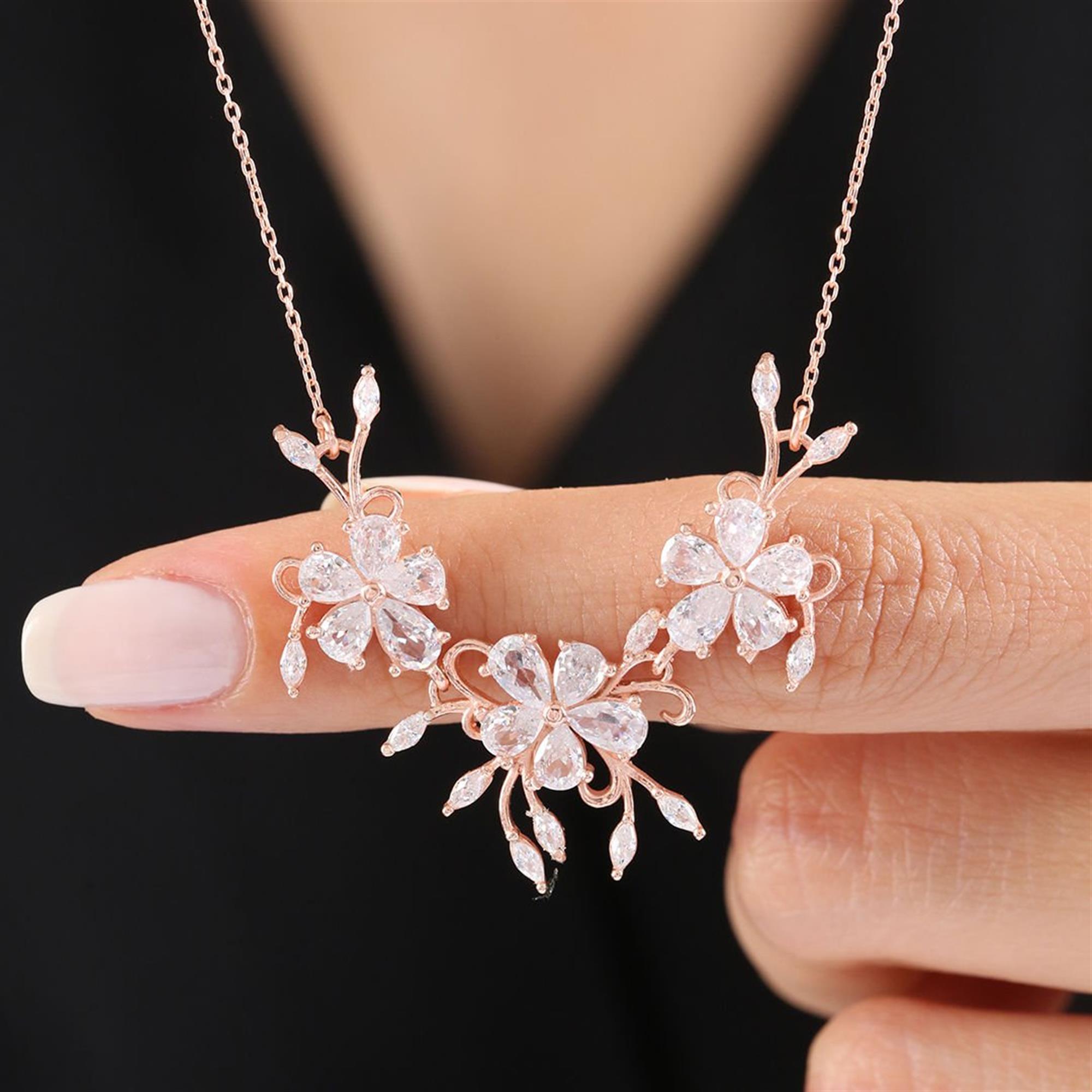 Rose Gold Floral Necklace with Sparkling Diamond Setting