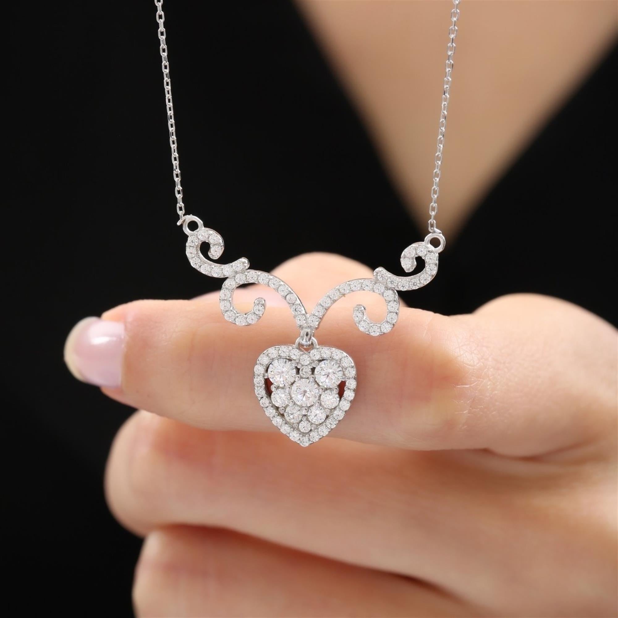 Diamond Baroque Style Silver Heart Necklace