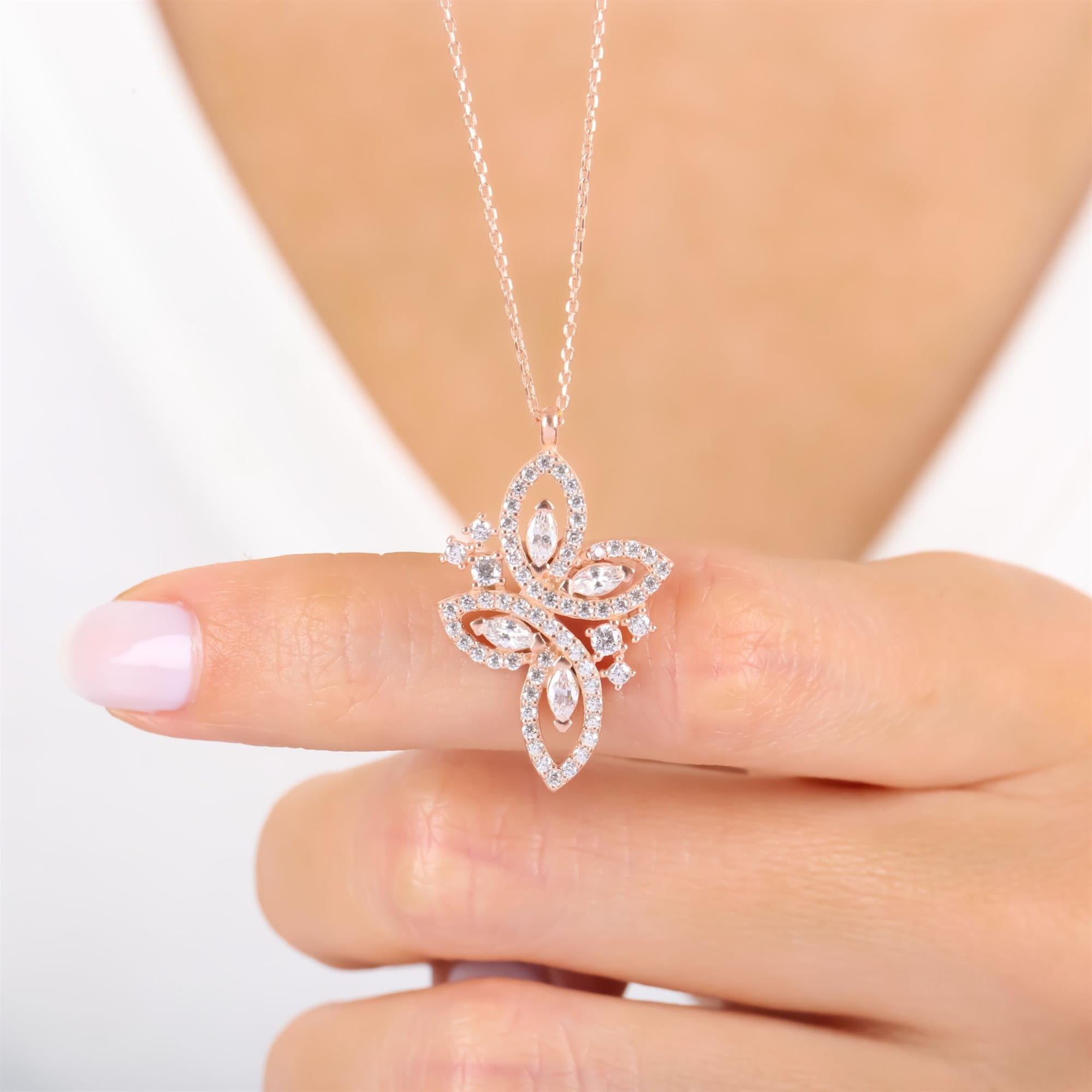 Rose gold butterfly pendant necklace with openwork marquise CZ design – delicate and whimsical sterling silver jewelry