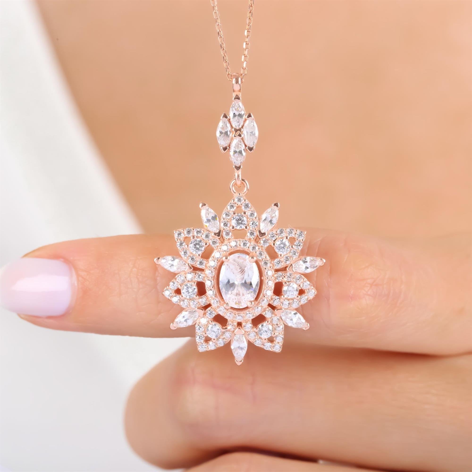 Rose gold plated sterling silver sunburst pendant necklace with oval and marquise CZ stones – royal floral statement jewelry