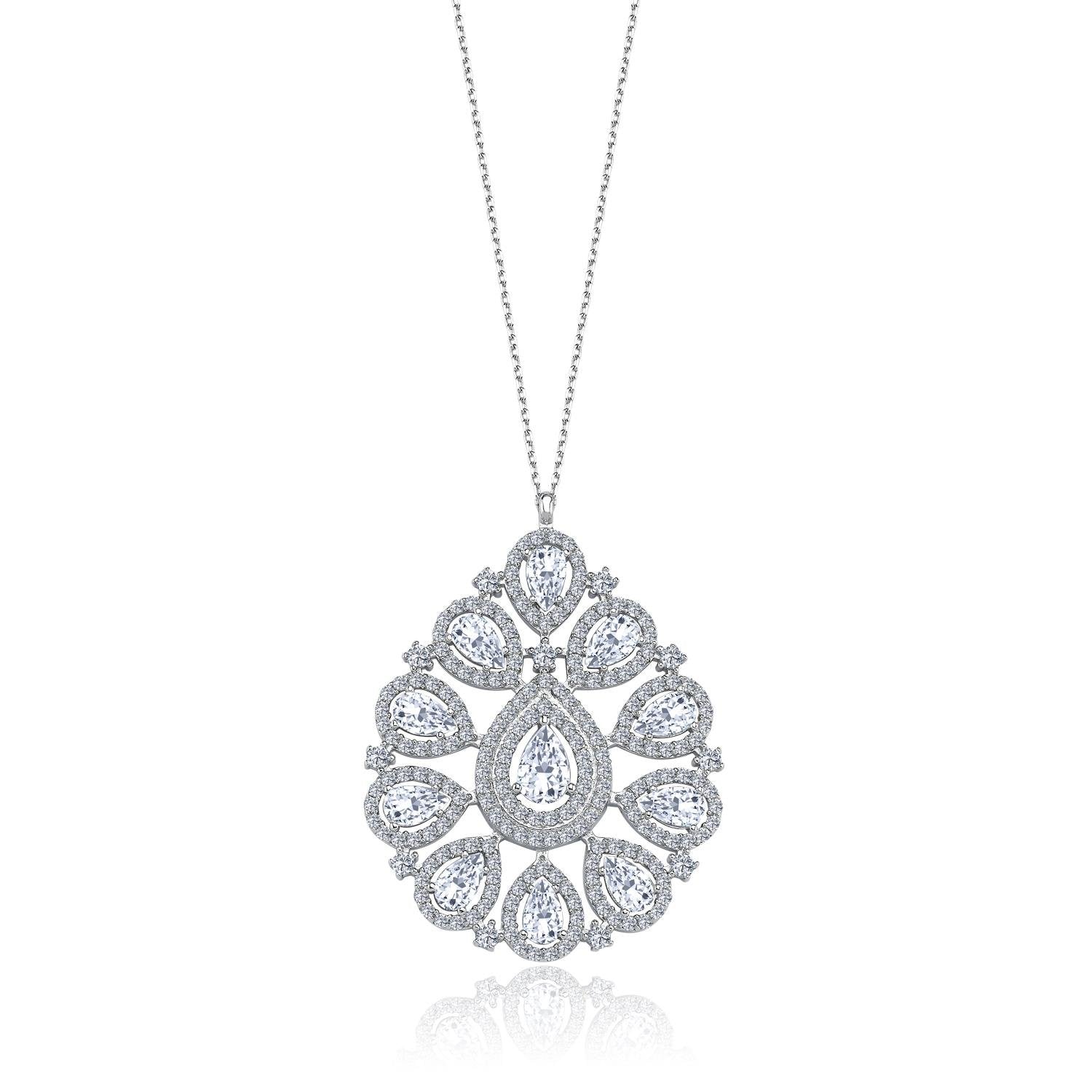 Sterling silver royal statement necklace with pear-shaped cubic zirconia in crown-inspired design – luxury jewelry for special occasions