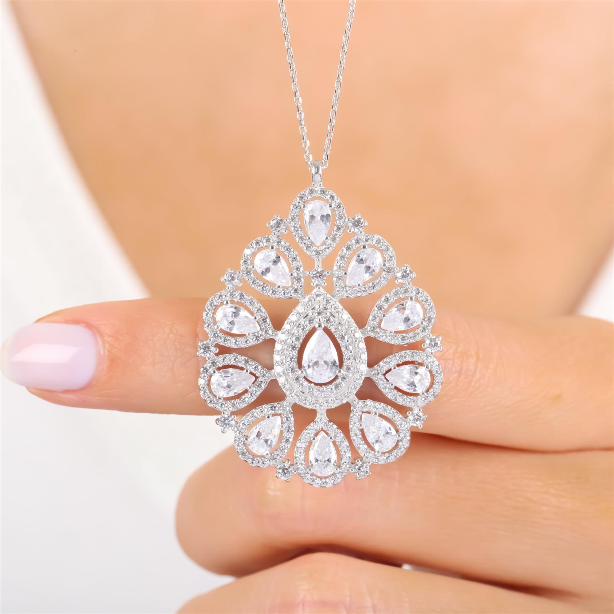 Sterling silver royal statement necklace with pear-shaped cubic zirconia in crown-inspired design