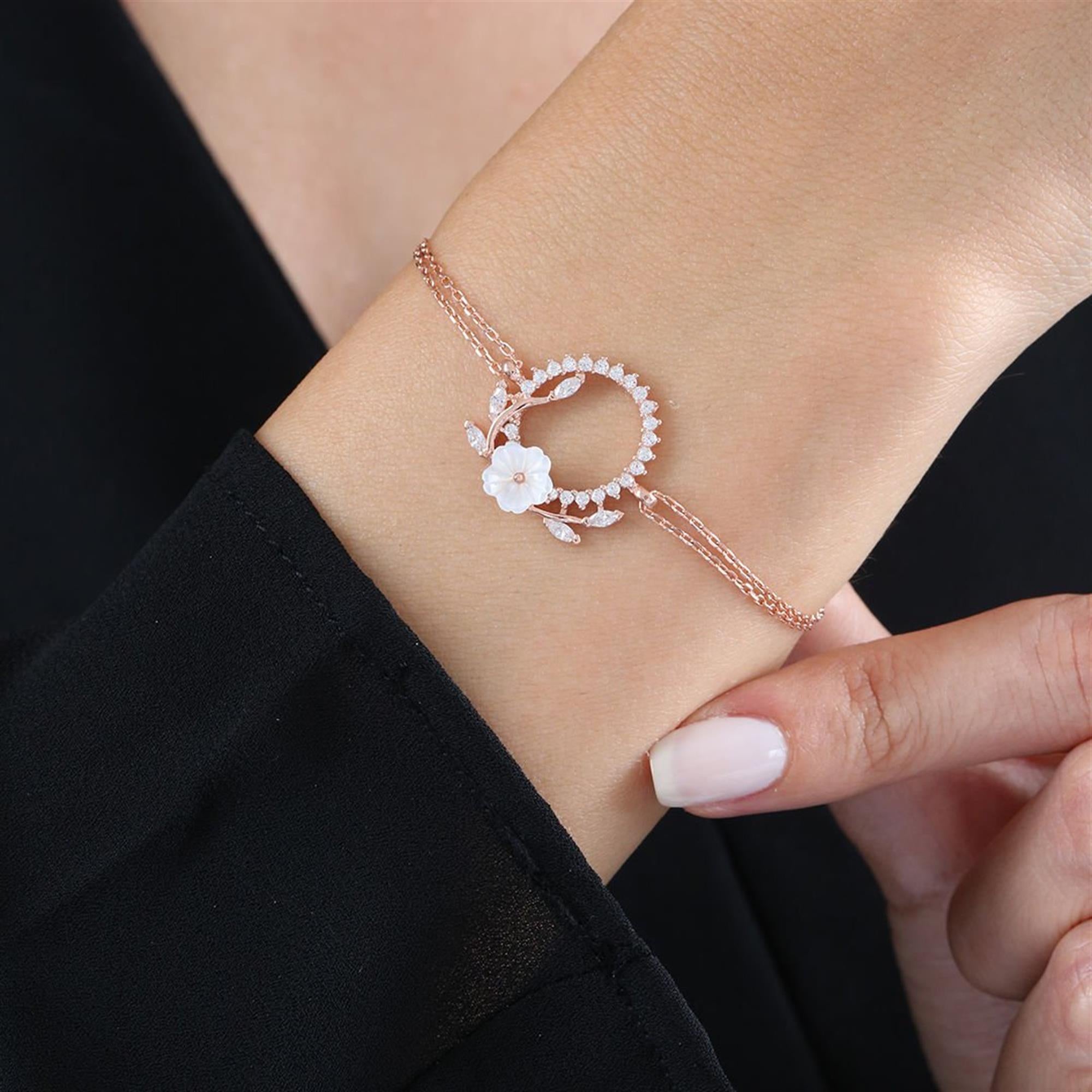 Diamond Setting Sparkle Magnolia Flowers Crown Rose Gold Bracelet