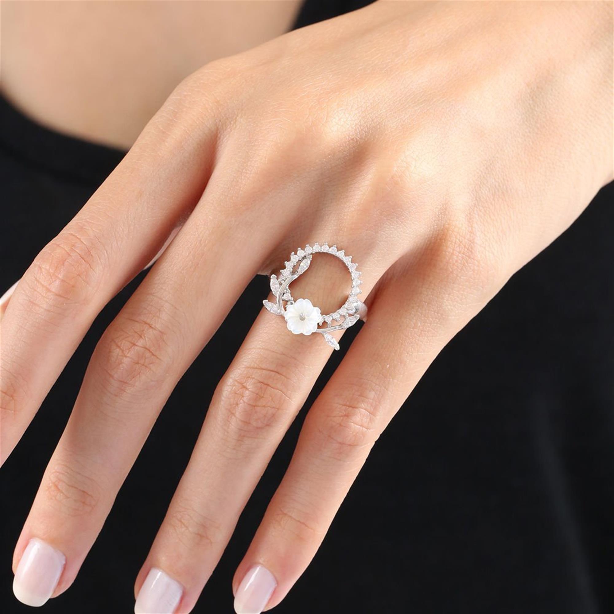 Diamond Setting Magnolia Flower Crown Silver Ring