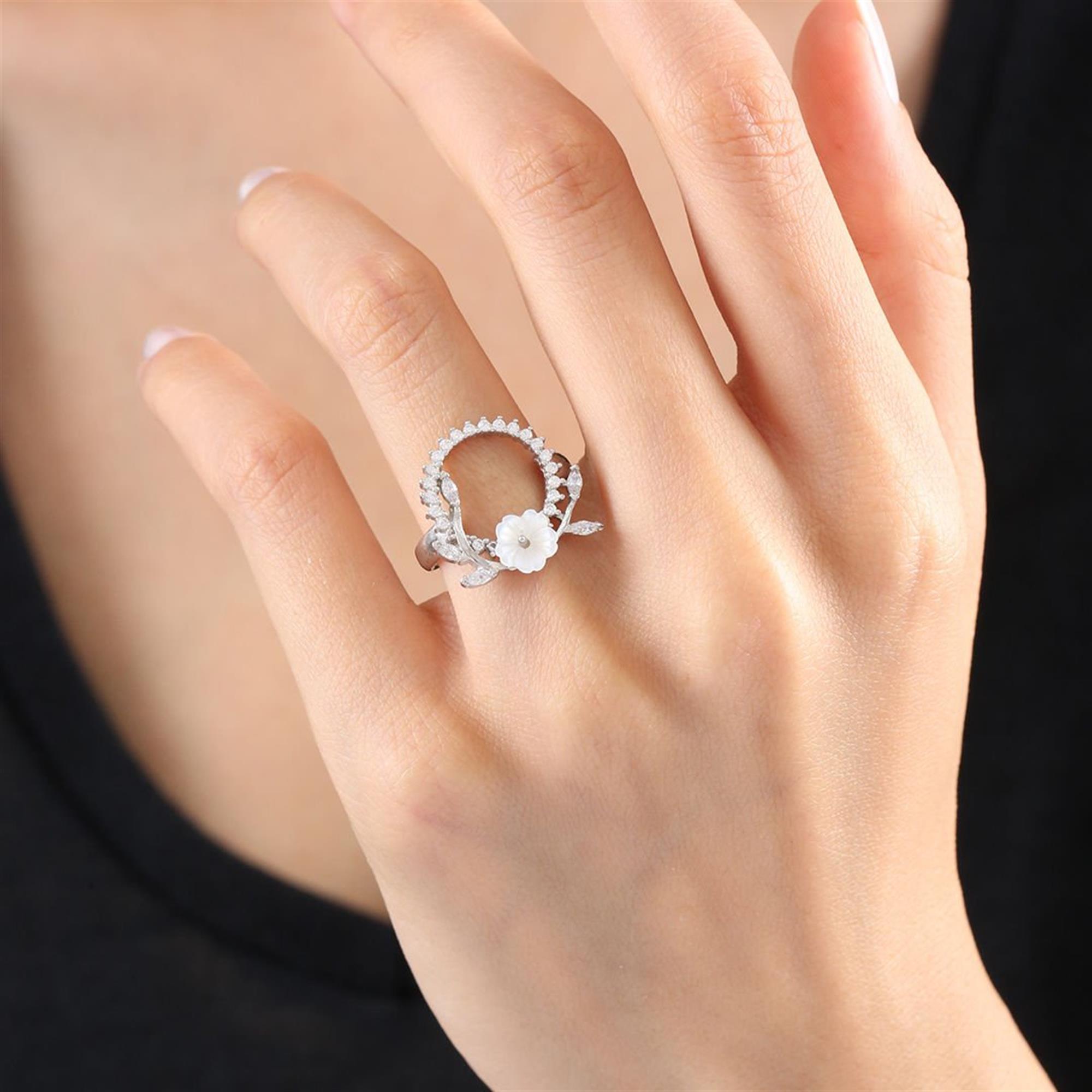 Diamond Setting Magnolia Flower Crown Silver Ring