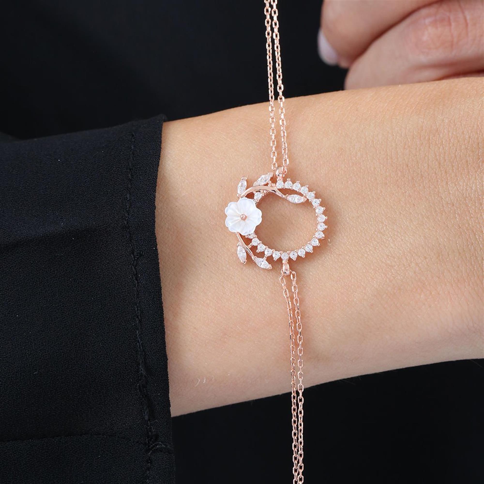 Diamond Setting Sparkle Magnolia Flowers Crown Rose Gold Bracelet